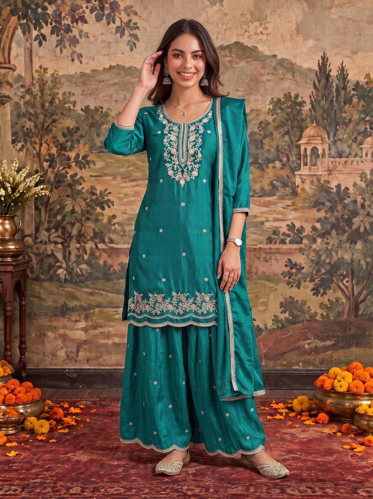 Viscose Embroidered Straight Knee Length Kurta With Pant and Dupatta