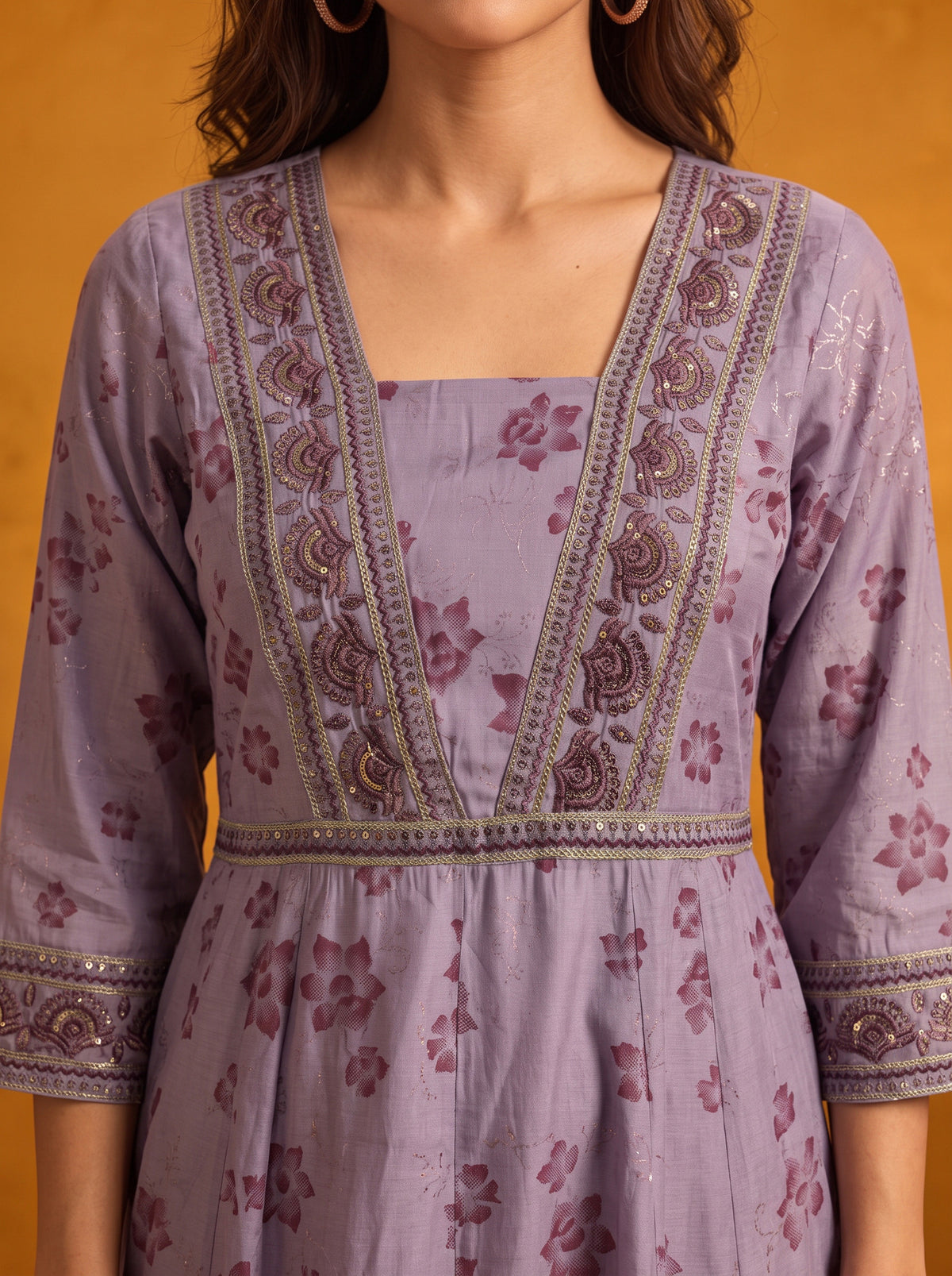 Buy Viscose Embroidered Flared Calf Length Kurta With Pant and Dupatta-Lavender
