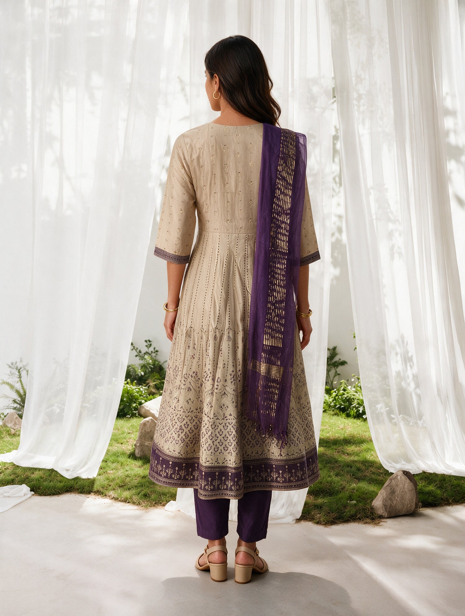 Buy Viscose Embroidered Flared Calf Length Kurta With Pant and Dupatta-Beige
