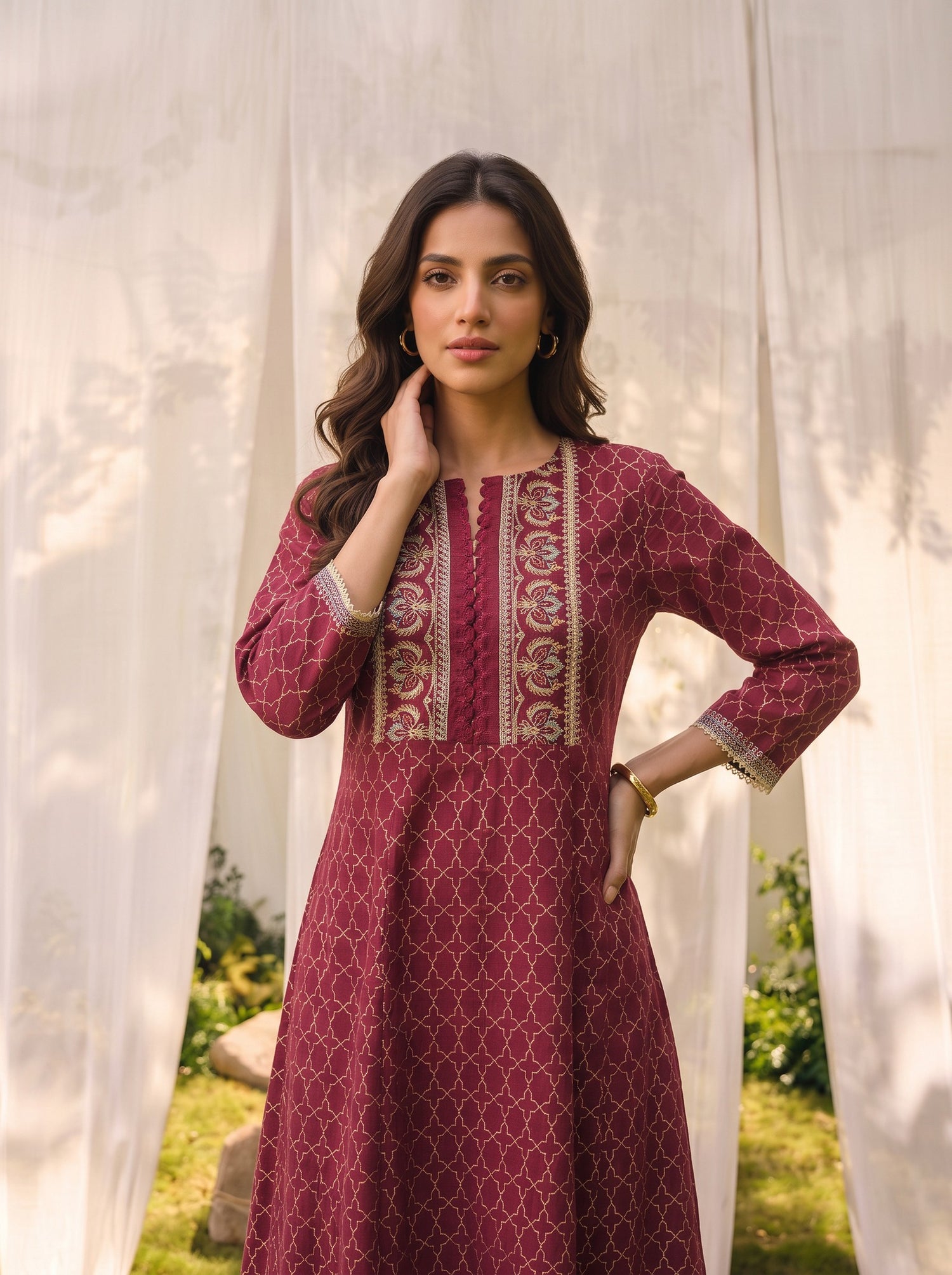 Buy Viscose Embroidered Straight Calf Length Kurta-Maroon