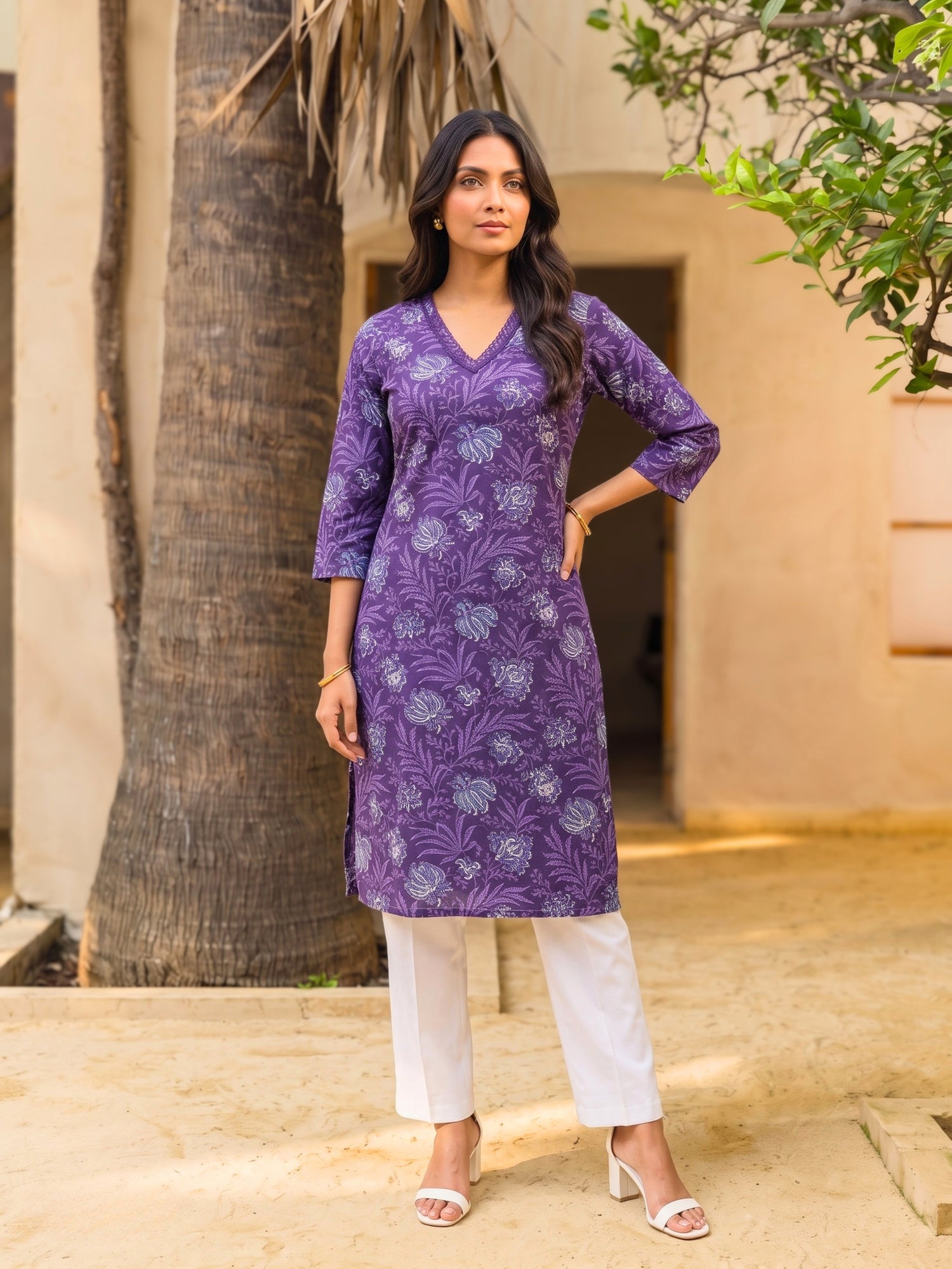 Buy Rayon Printed Straight Knee Length Kurta-Purple