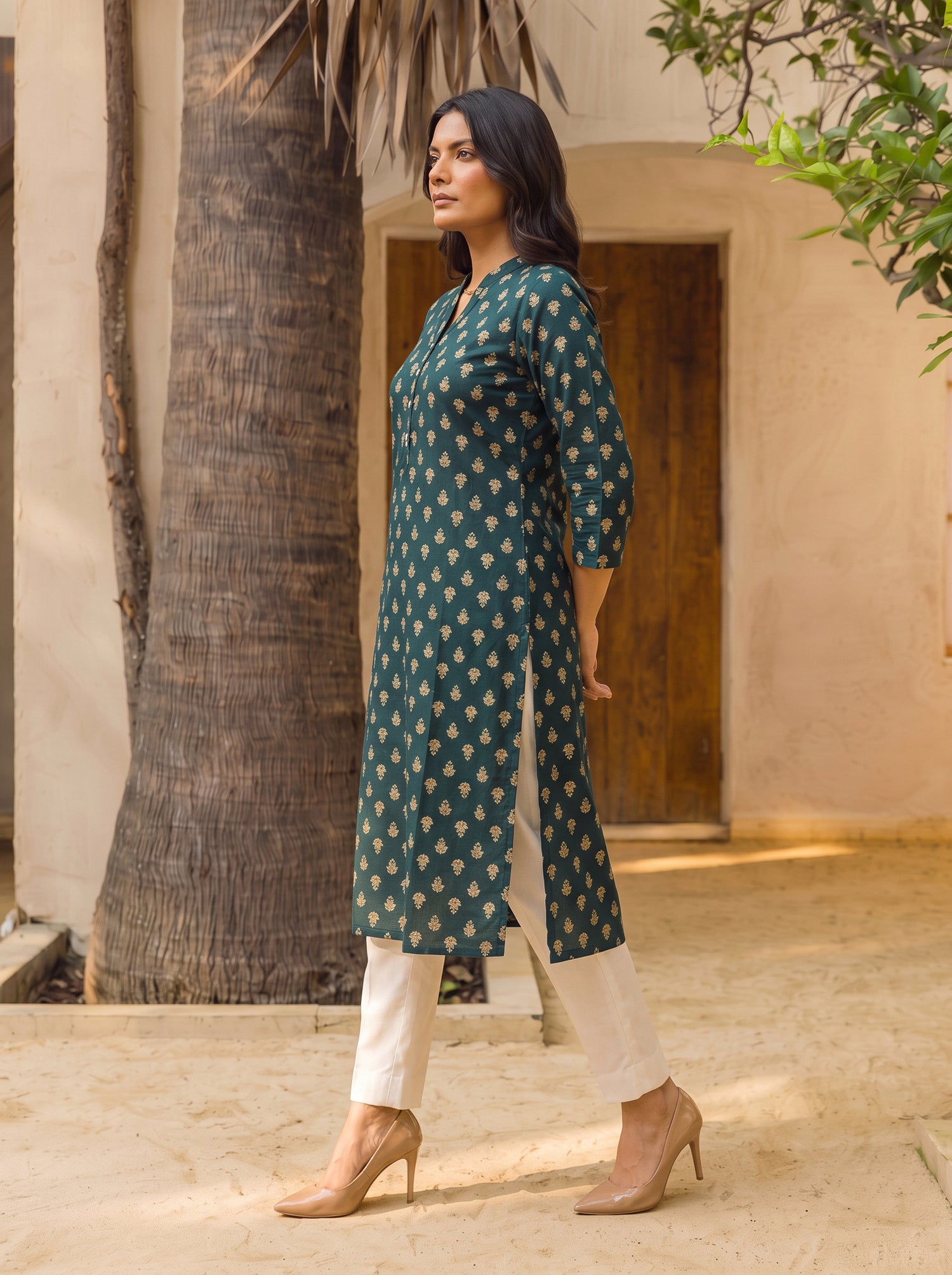 Buy Rayon Printed Straight Calf Length Kurta-Green