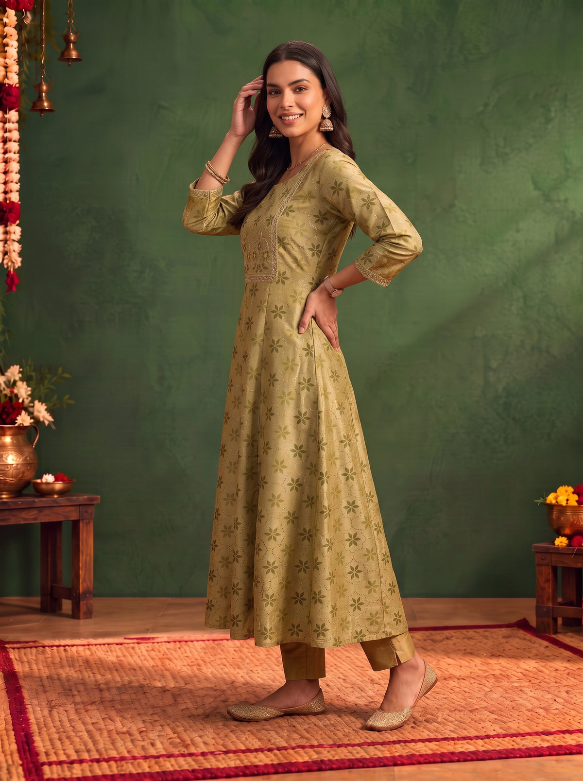 Chanderi Embroidered Flared Calf Length Kurta