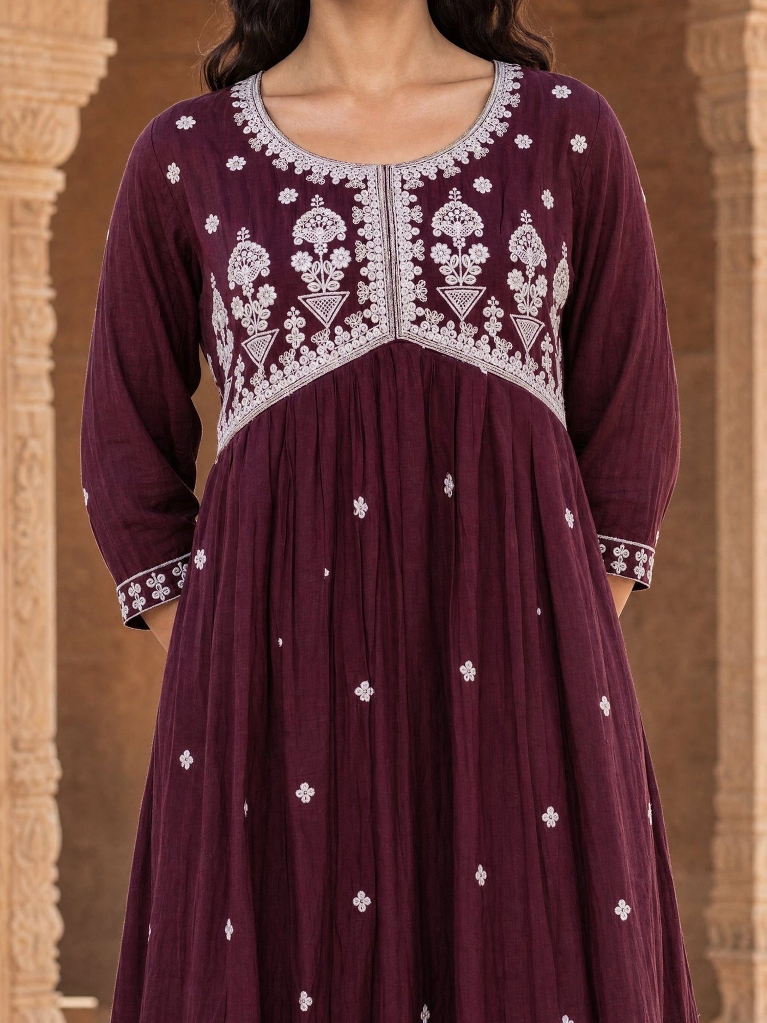 Buy Viscose Embroidered Flared Calf Length Kurta-Maroon