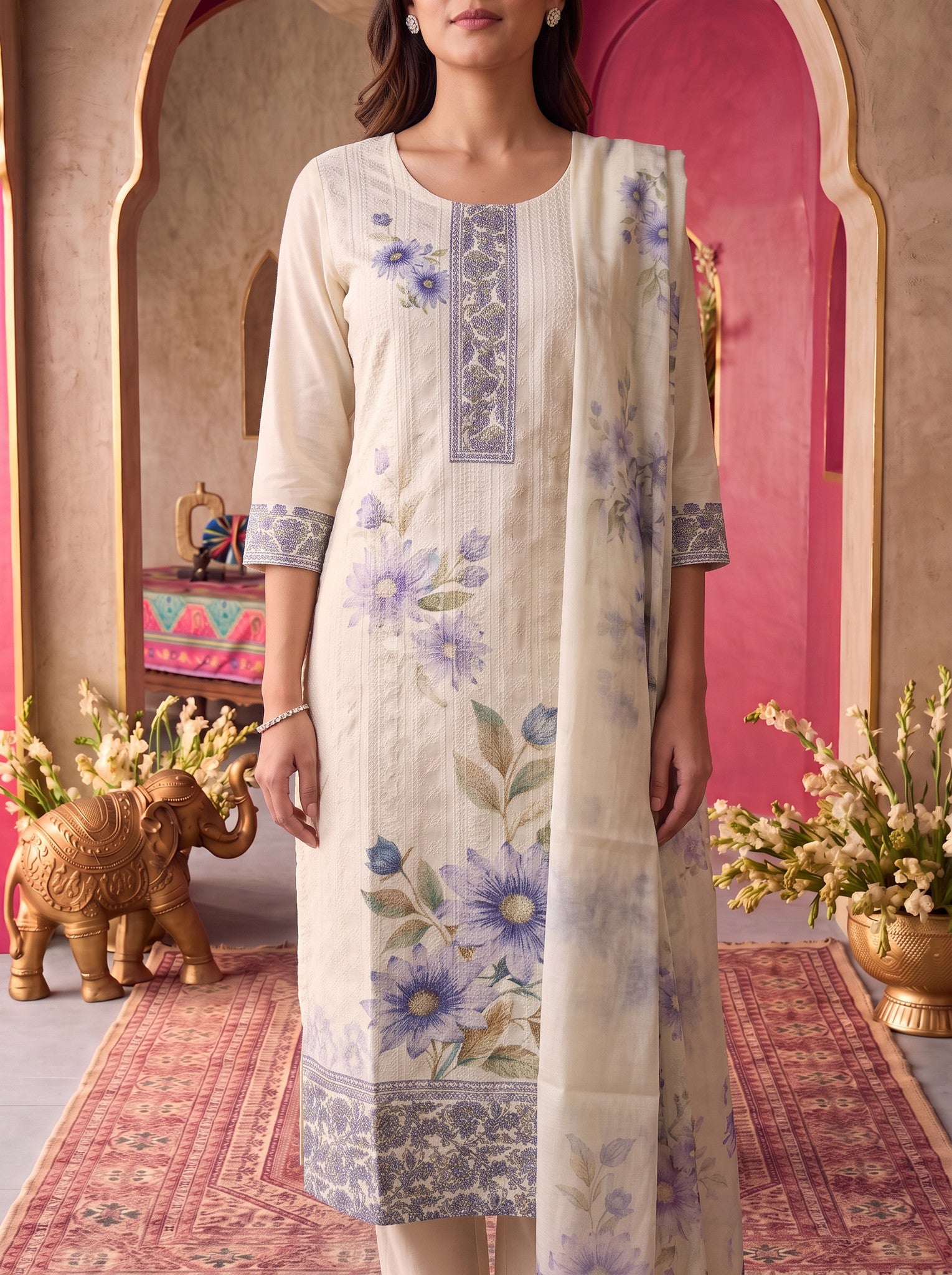 Viscose Embroidered Straight Calf Length Kurta With Pant and Dupatta