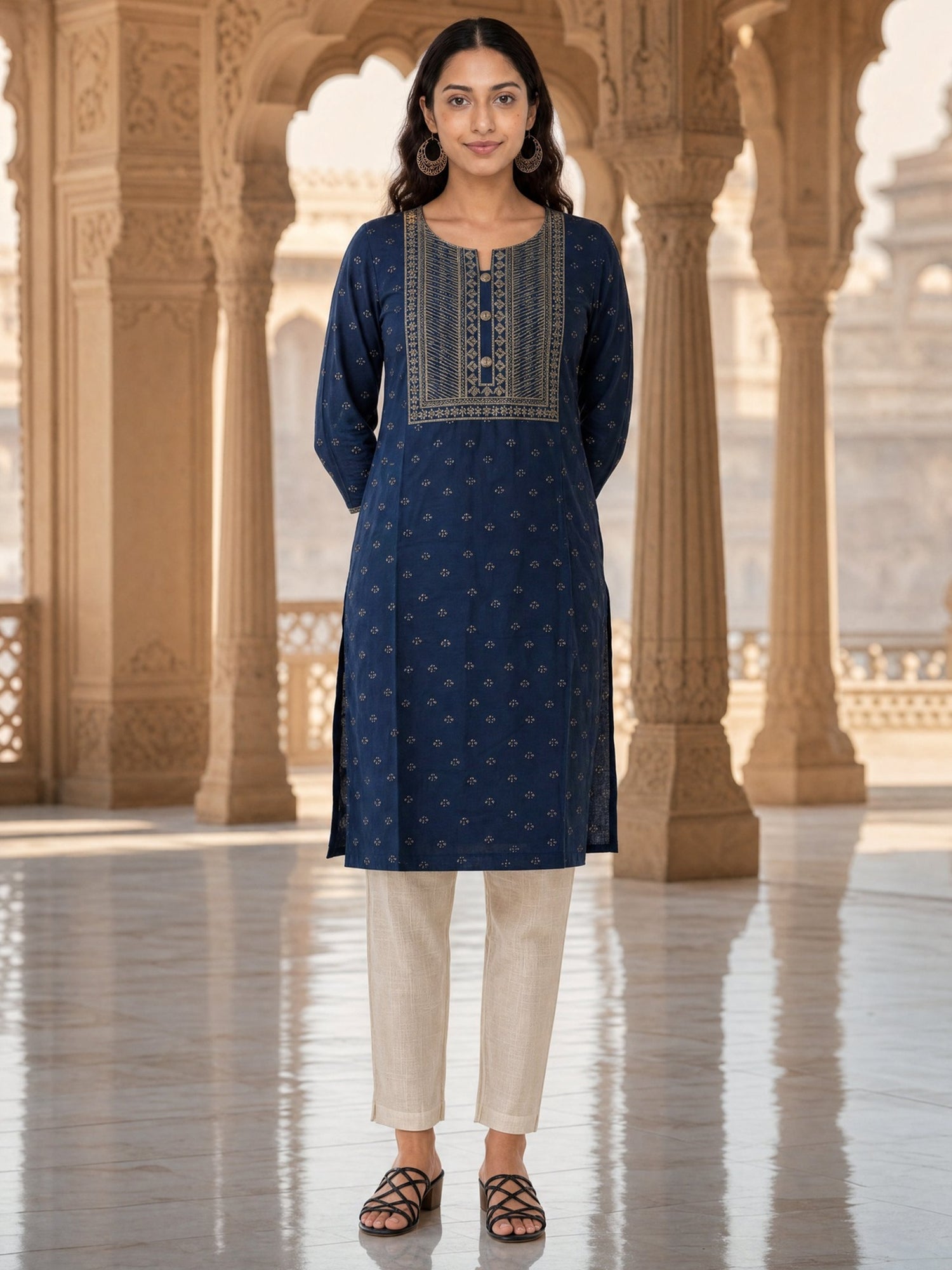 Buy Rayon Embroidered Straight Calf Length Kurta-Navy Blue