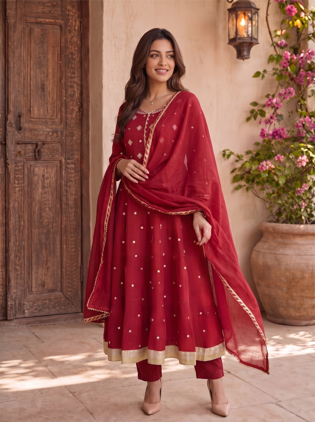 Buy Rayon Embroidered Flared Calf Length Kurta With Pant and Dupatta-Maroon