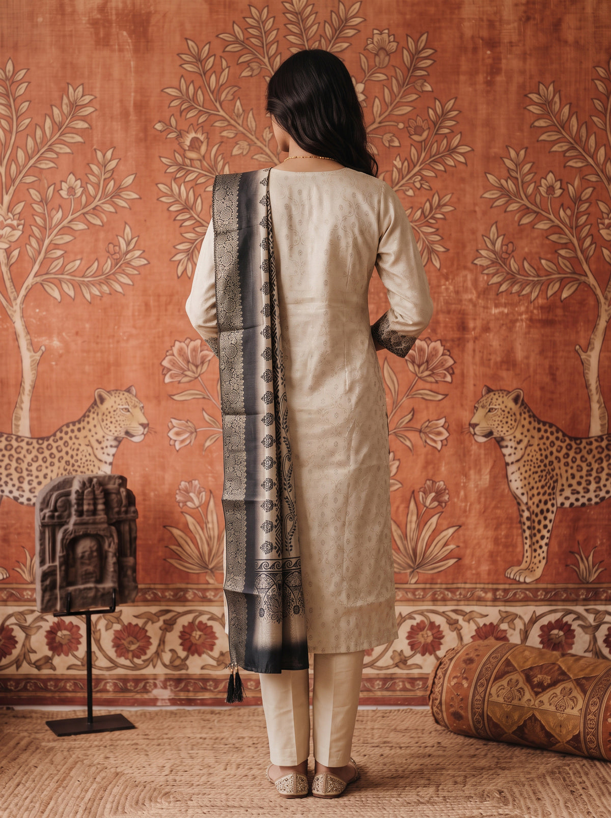 Jacquard Self Design Straight Calf Length Kurta With Pant and Dupatta