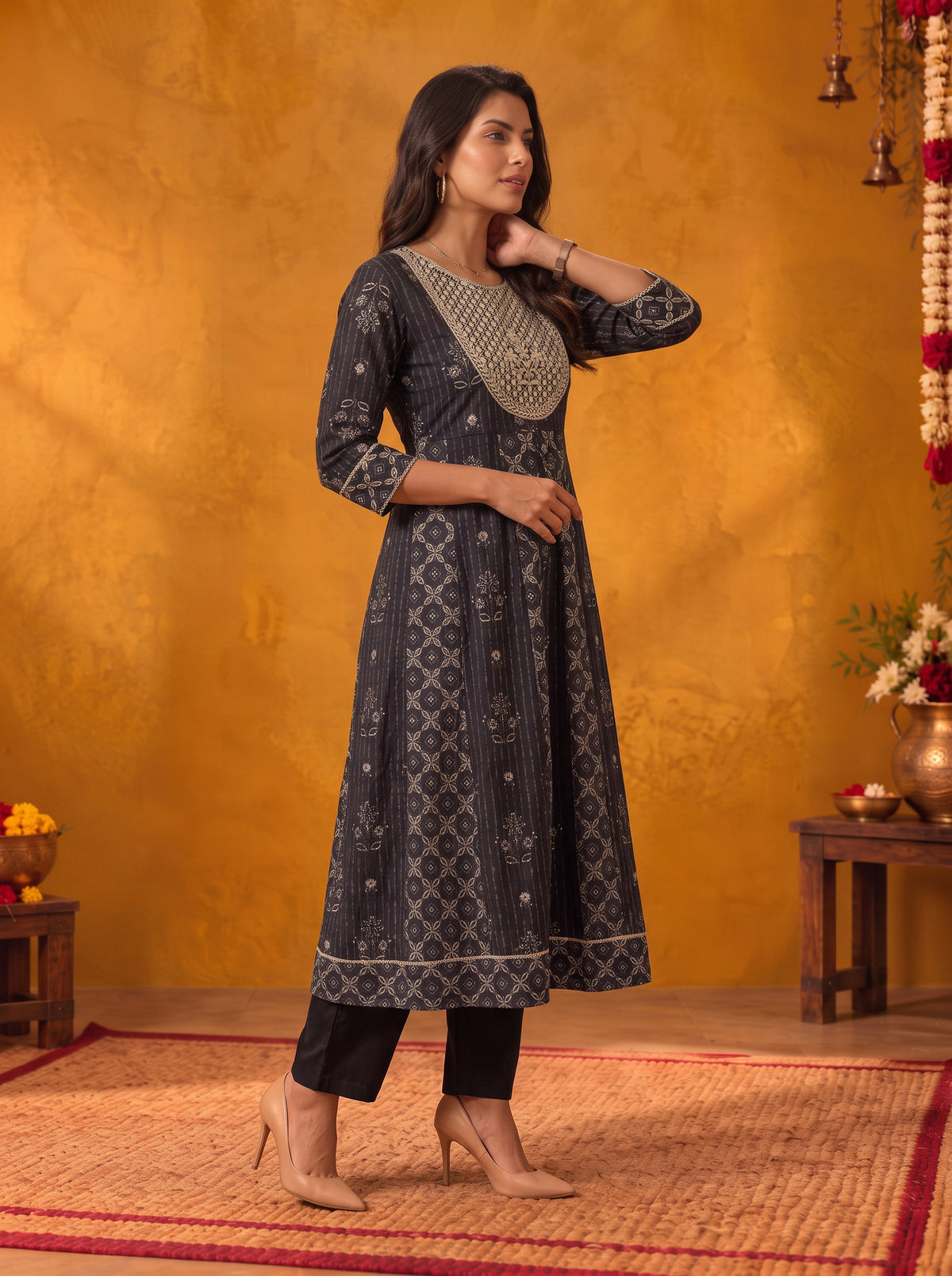 Buy Cotton Embroidered Flared Calf Length Kurta With Pant and Dupatta-Black
