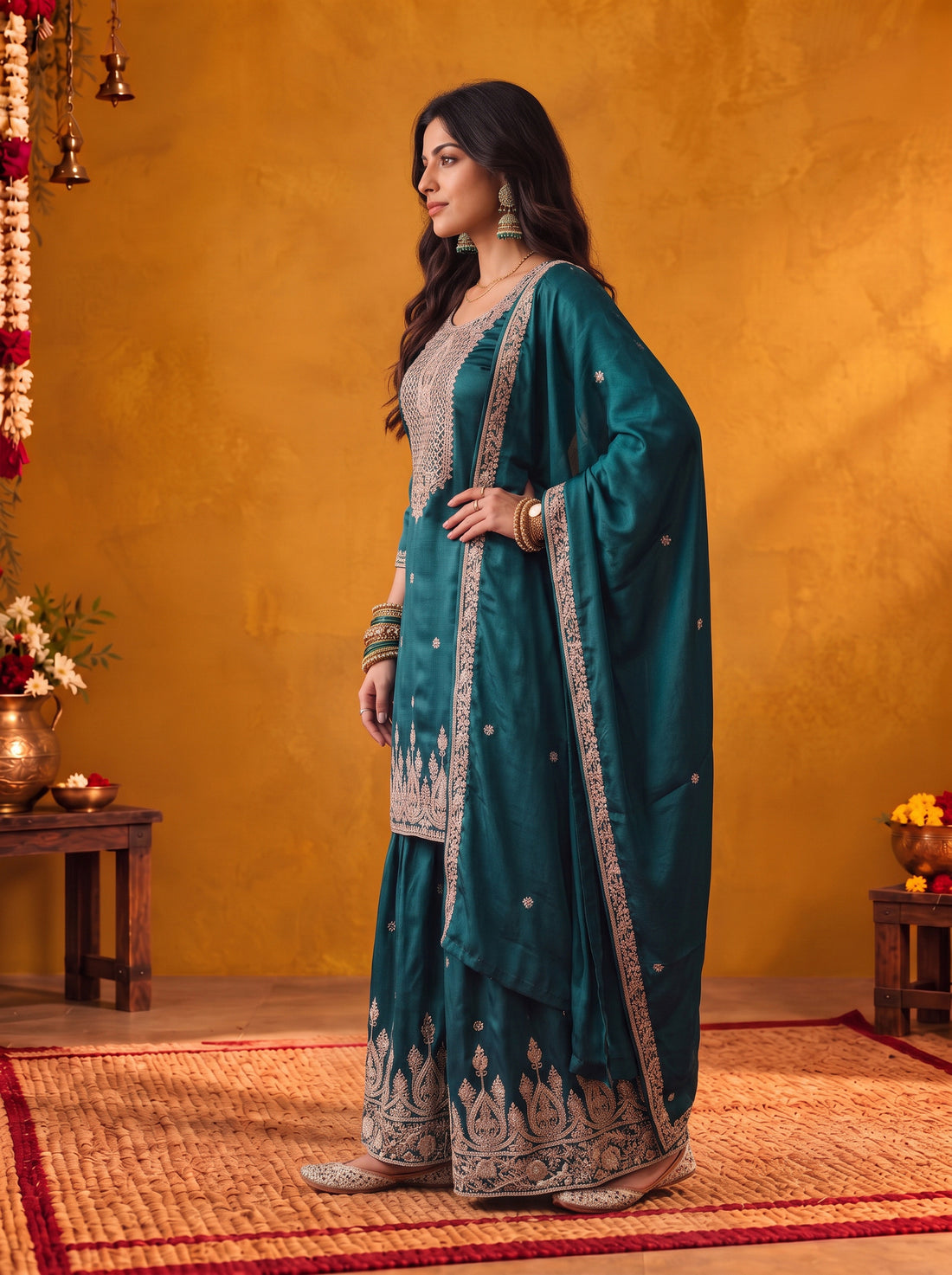 Buy Viscose Embroidered Straight Knee Length Kurta With Pant and Dupatta-Teal