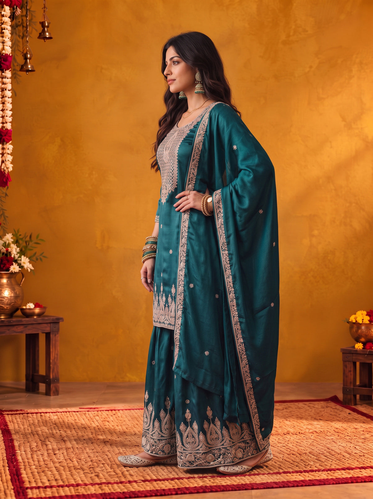 Buy Viscose Embroidered Straight Knee Length Kurta With Pant and Dupatta-Teal