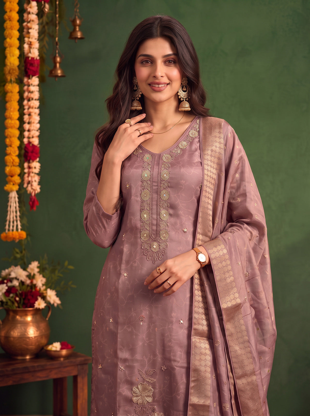 Buy Viscose Embroidered Straight Calf Length Kurta With Pant and Dupatta-Lavender