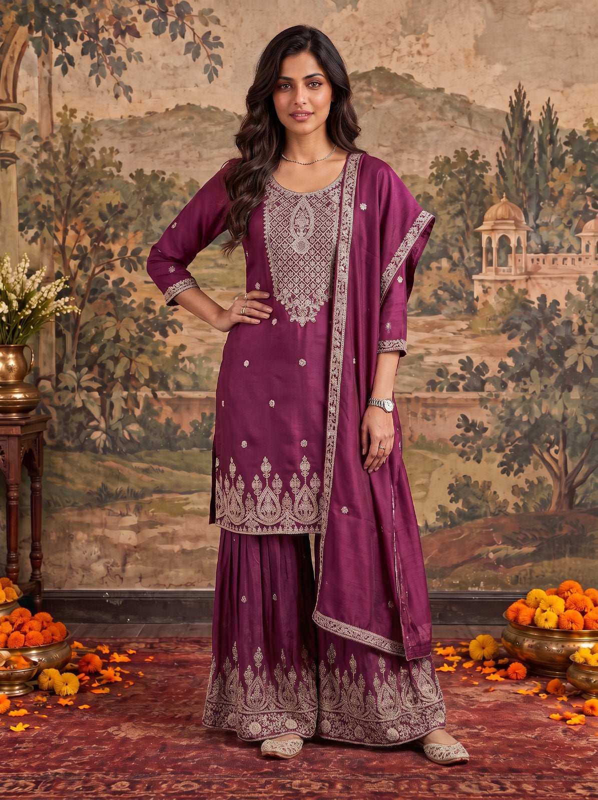 Viscose Embroidered Straight Knee Length Kurta With Pant and Dupatta