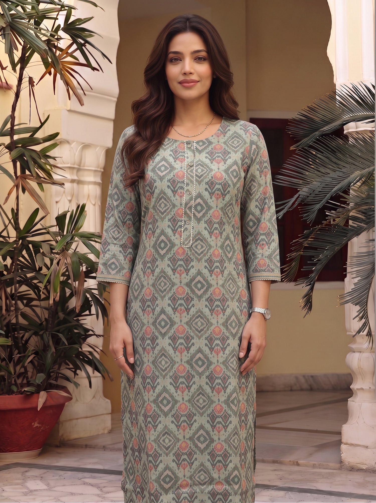 Buy Viscose Printed A-Line Calf Length Kurta With Pant-Green