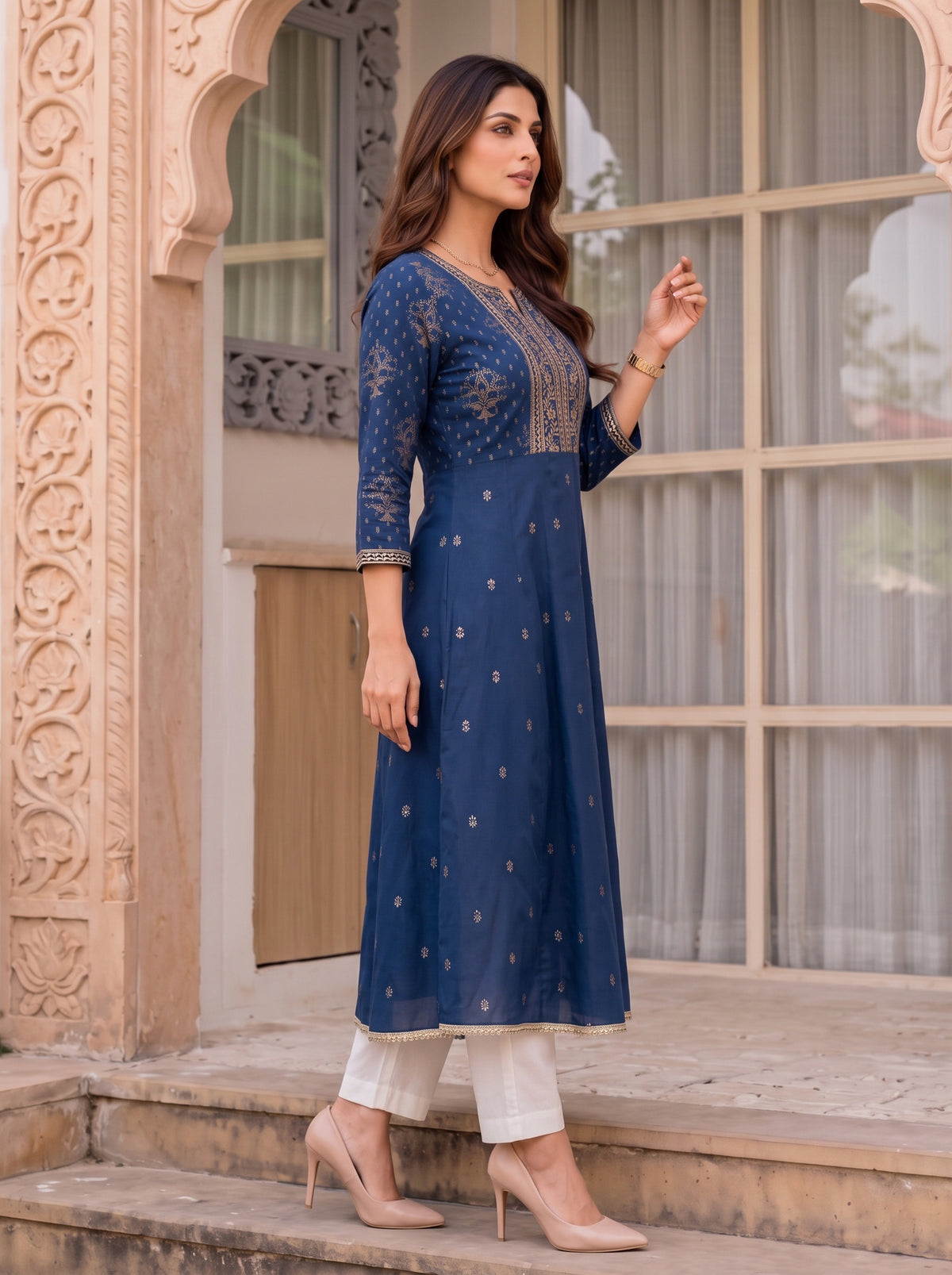 Rayon Embroidered Flared Calf Length Kurta