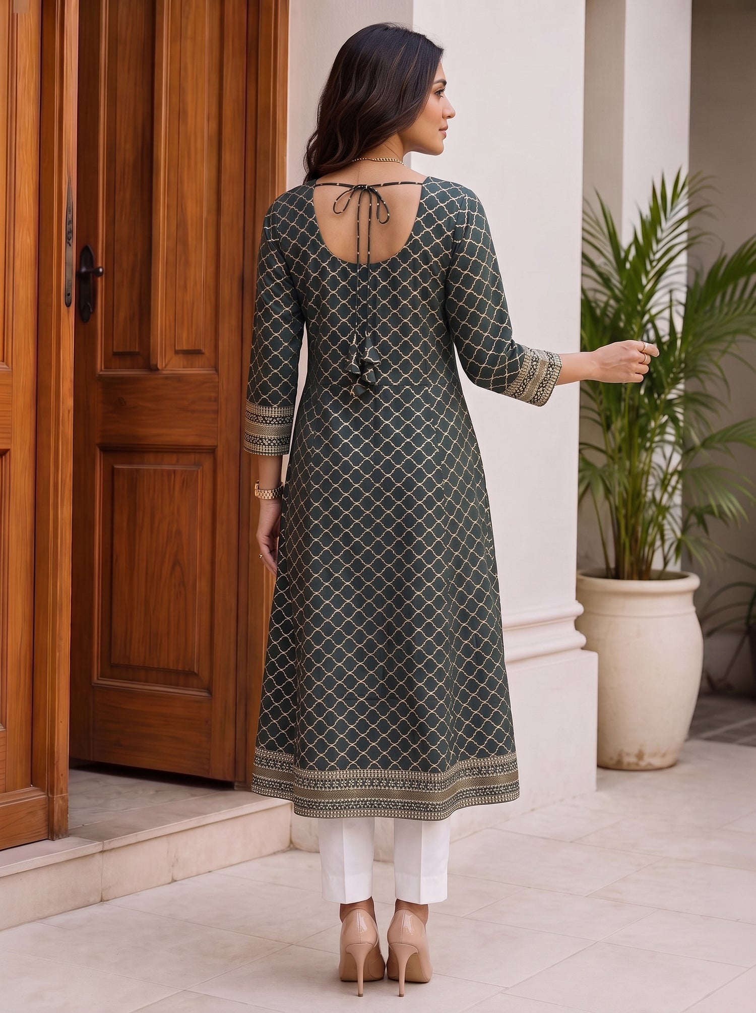Buy Viscose Embroidered Flared Calf Length Kurta-Dark Green