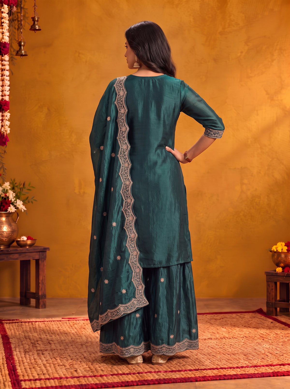 Buy Viscose Embroidered Straight Knee Length Kurta With Pant and Dupatta-Turquoise