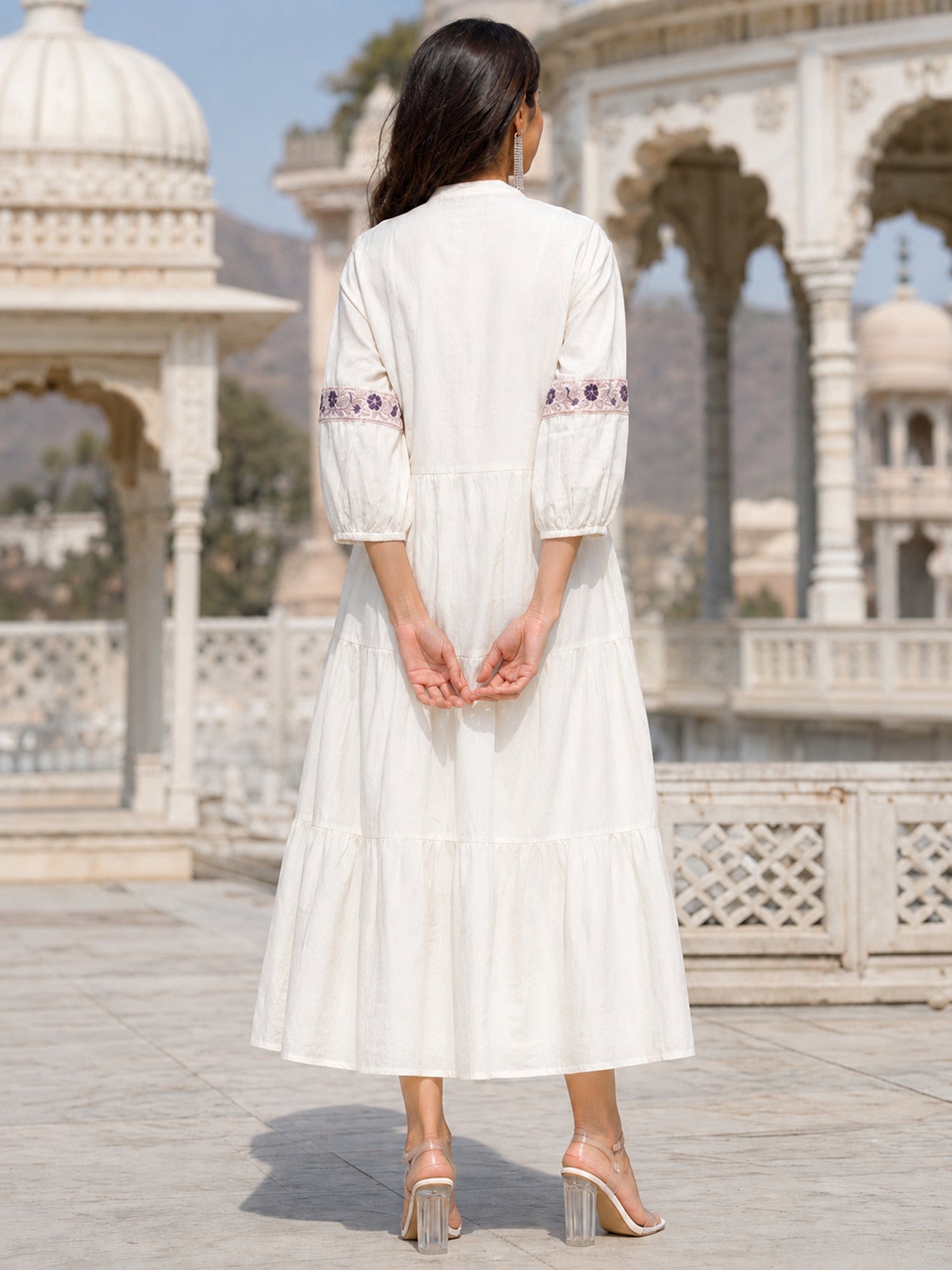 Viscose Embroidered Flared Calf Length Dress