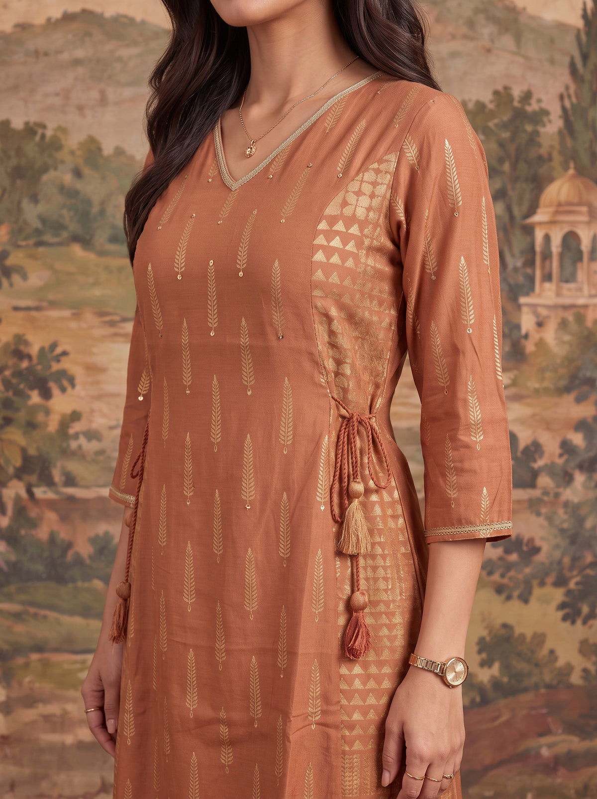 Buy Rayon Printed A-Line Calf Length Kurta-Rust