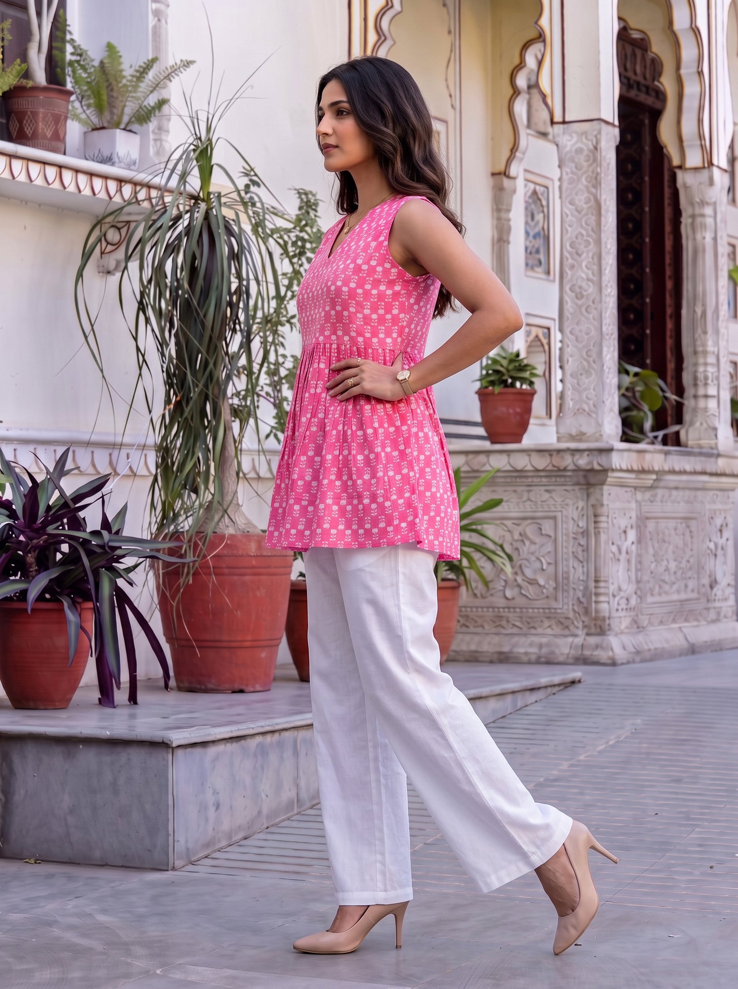 Buy Cotton Printed Straight Short Length Short Kurta-Pink