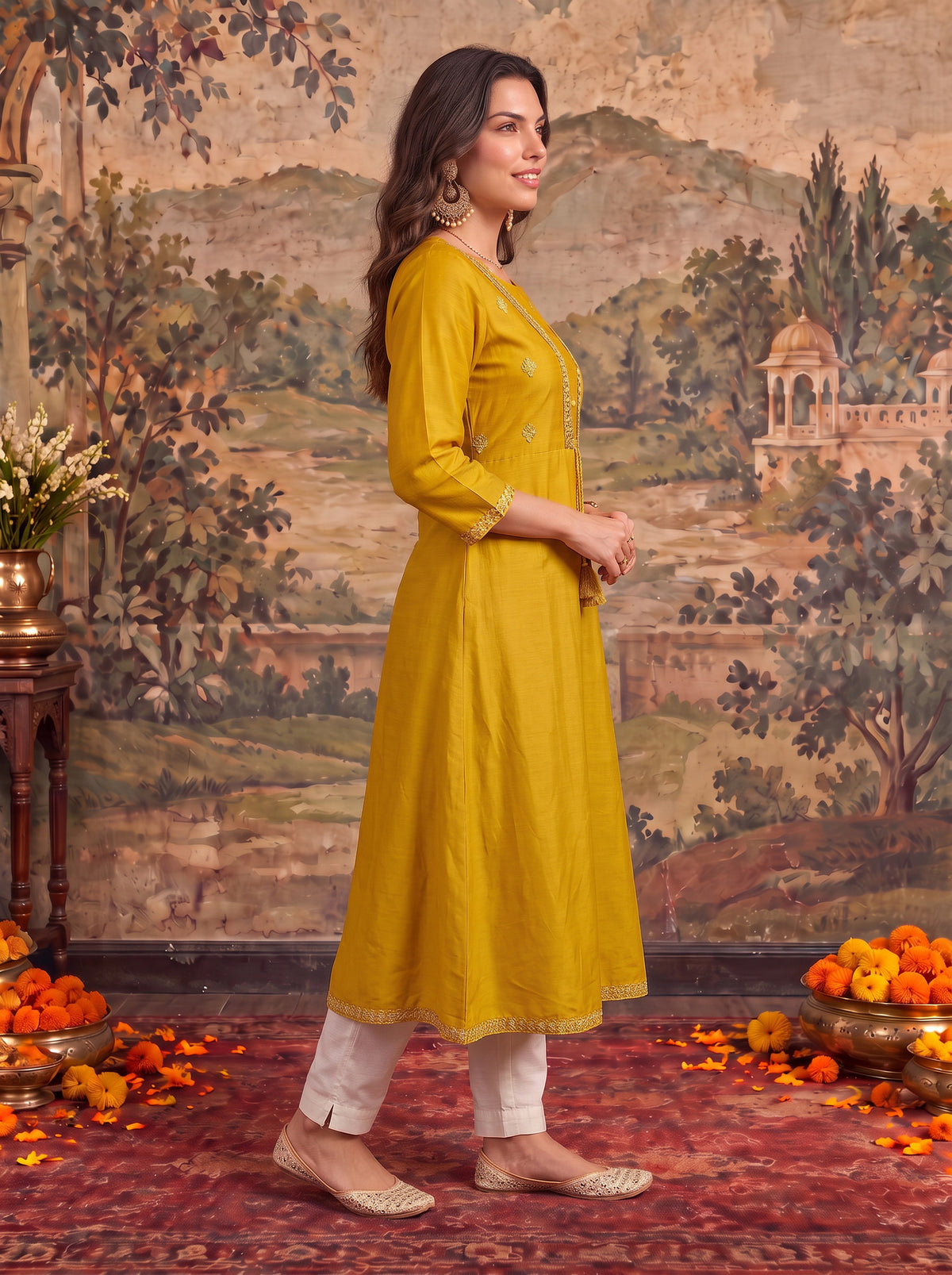 Buy Viscose Embroidered A-Line Calf Length Kurta-Mustard