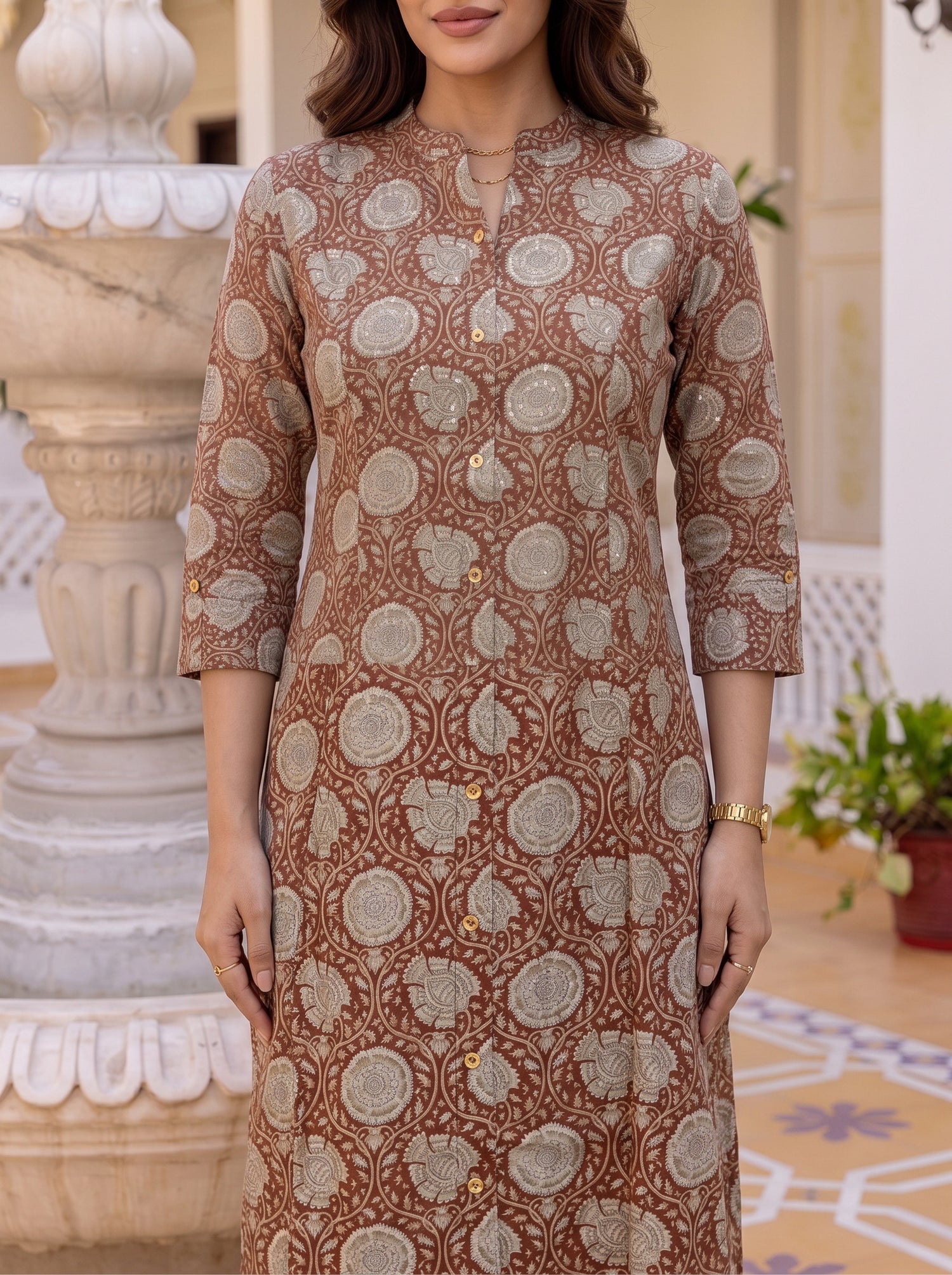 Buy Viscose Printed A-Line Calf Length Kurta With Pant-Brown