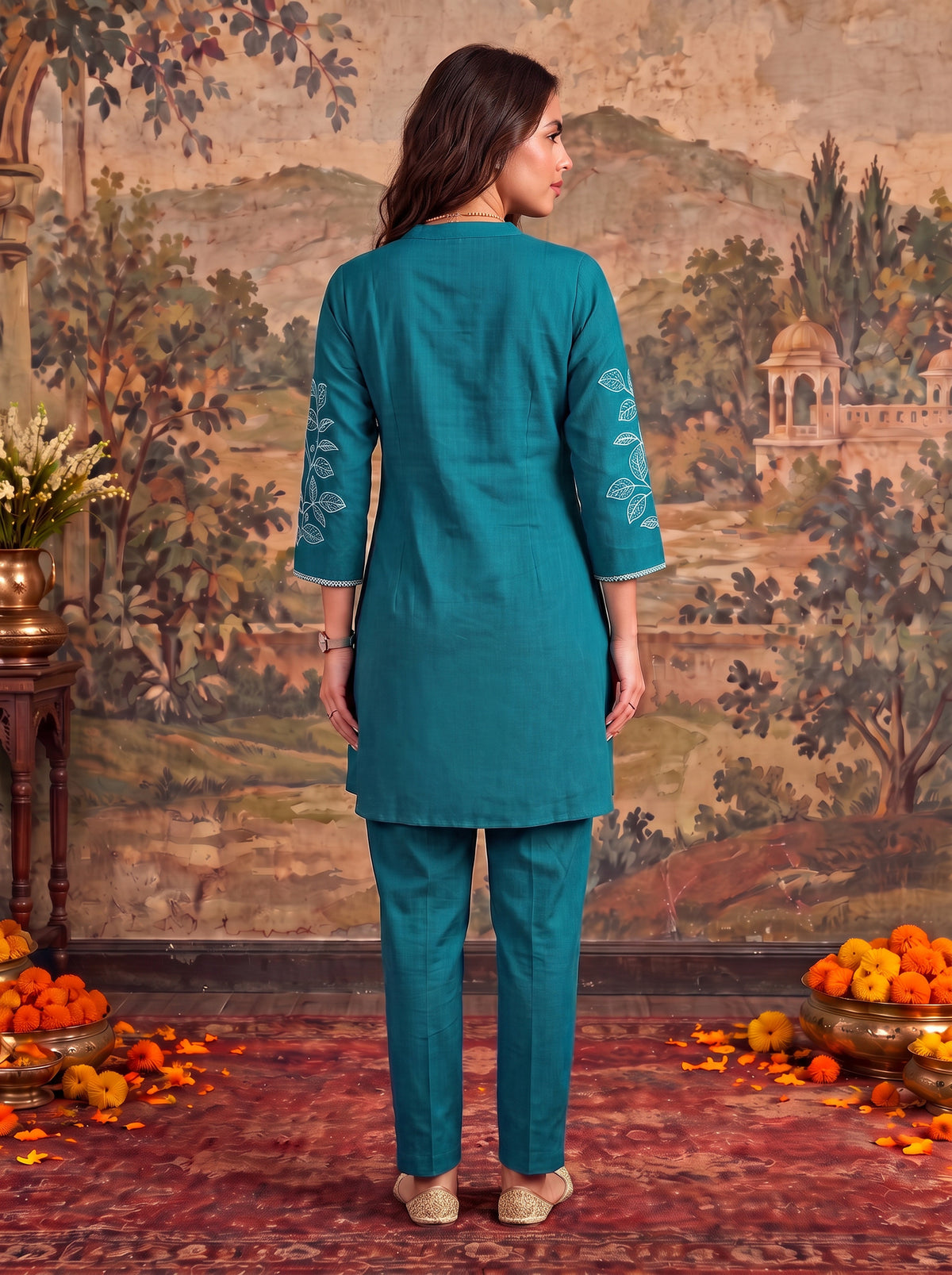Viscose Embroidered Straight Thigh Length Kurta With Pant