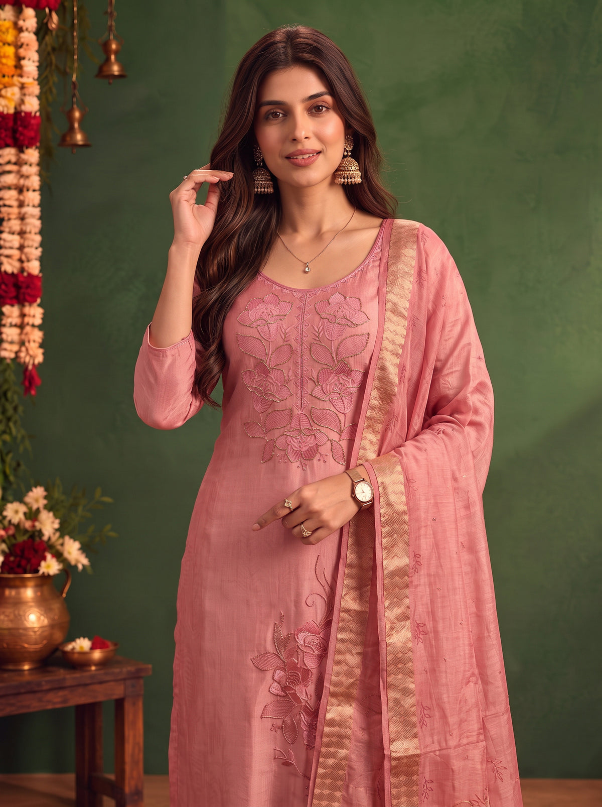 Buy Viscose Embroidered Straight Calf Length Kurta With Pant and Dupatta-Peach