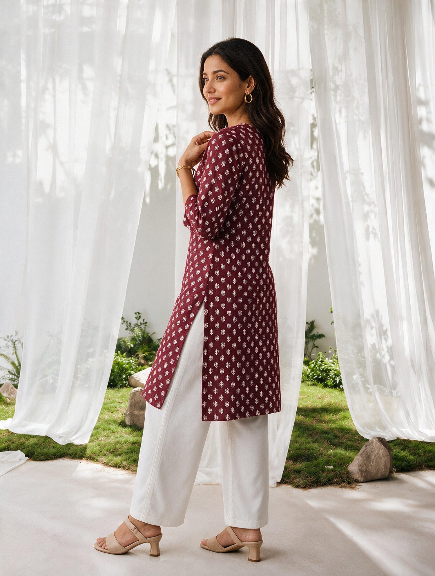 Buy Rayon Printed Straight Knee Length Kurta-Maroon