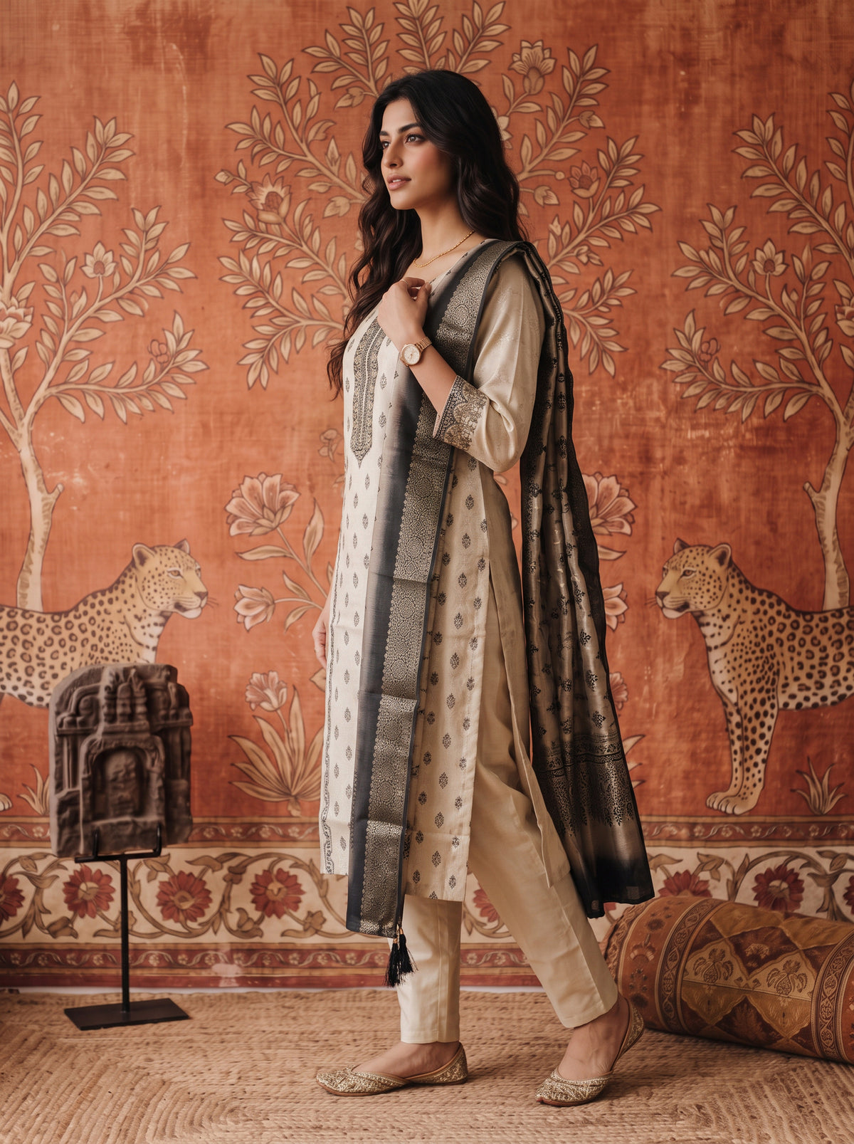 Buy Jacquard Self Design Straight Calf Length Kurta With Pant and Dupatta-Cream
