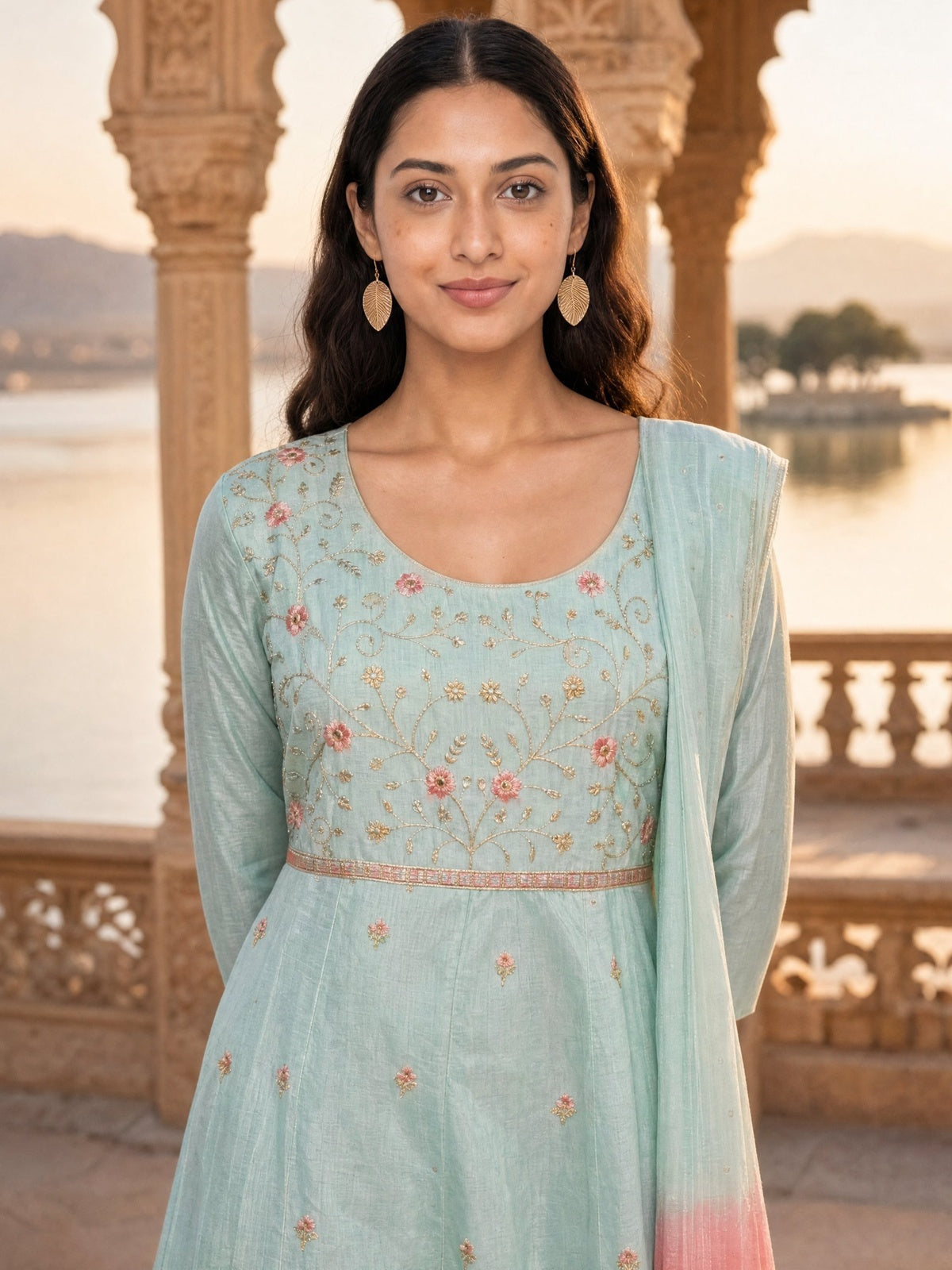 Viscose Embroidered Anarkali Calf Length Kurta With Pant and Dupatta