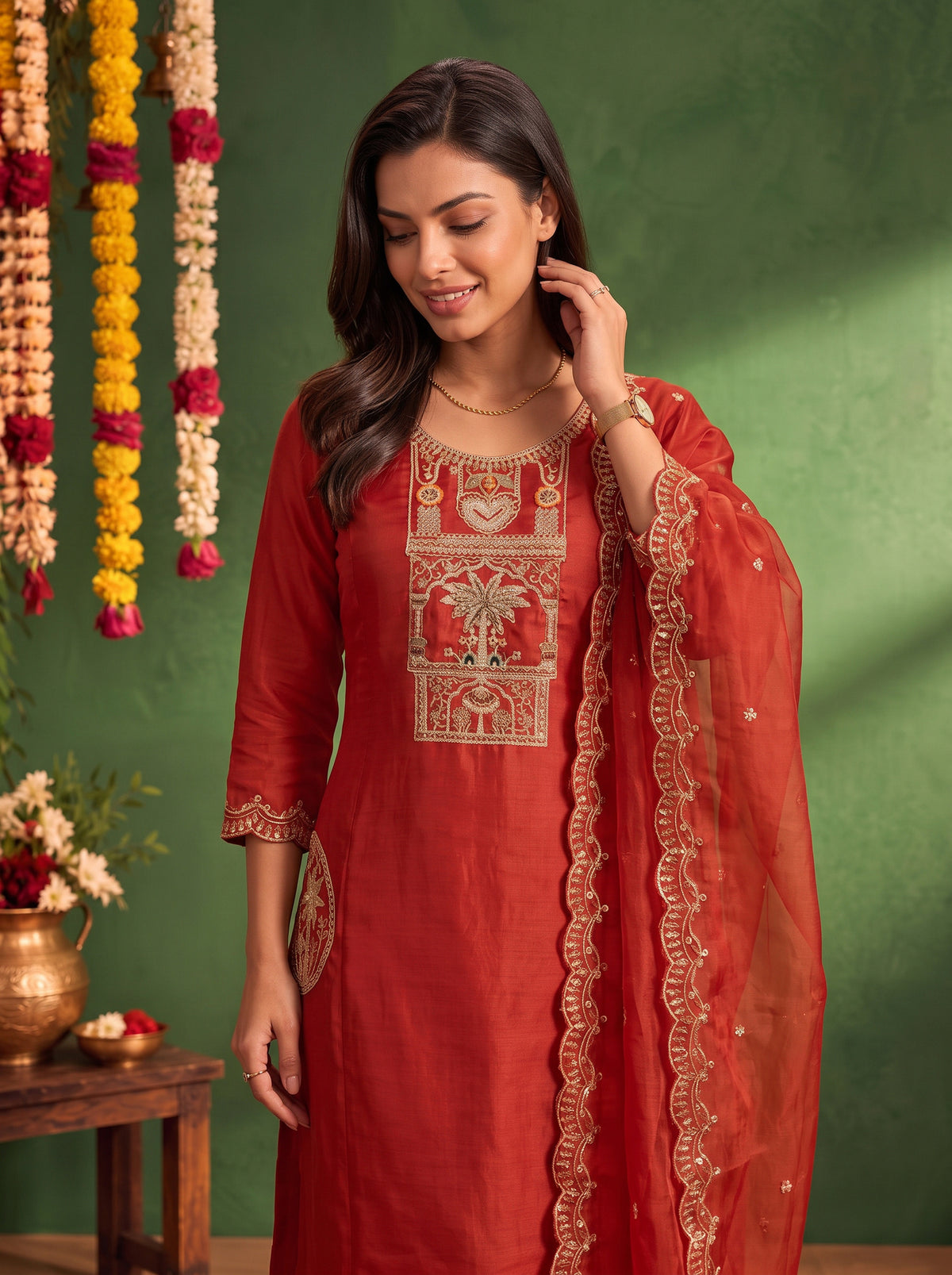 Buy Chanderi Embroidered Flared Calf Length Kurta With Pant and Dupatta-Rust