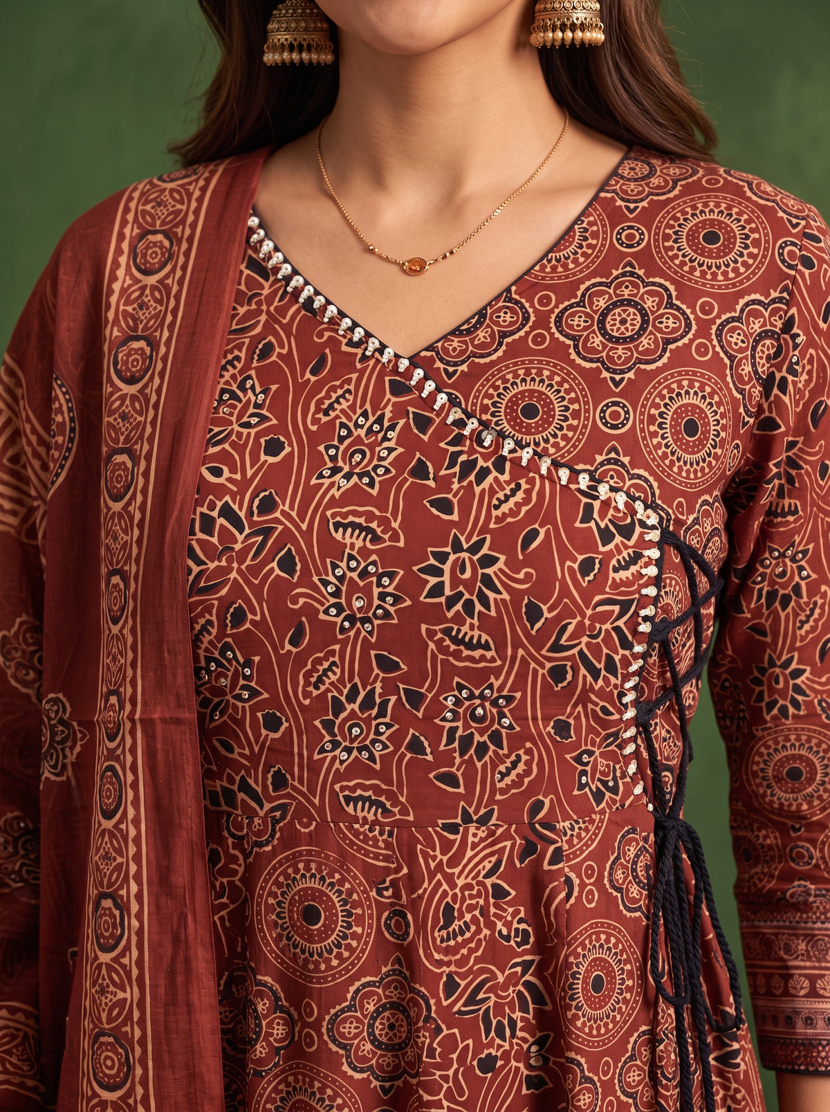 Buy Cotton Printed Flared Calf Length Kurta With Pant and Dupatta-Rust