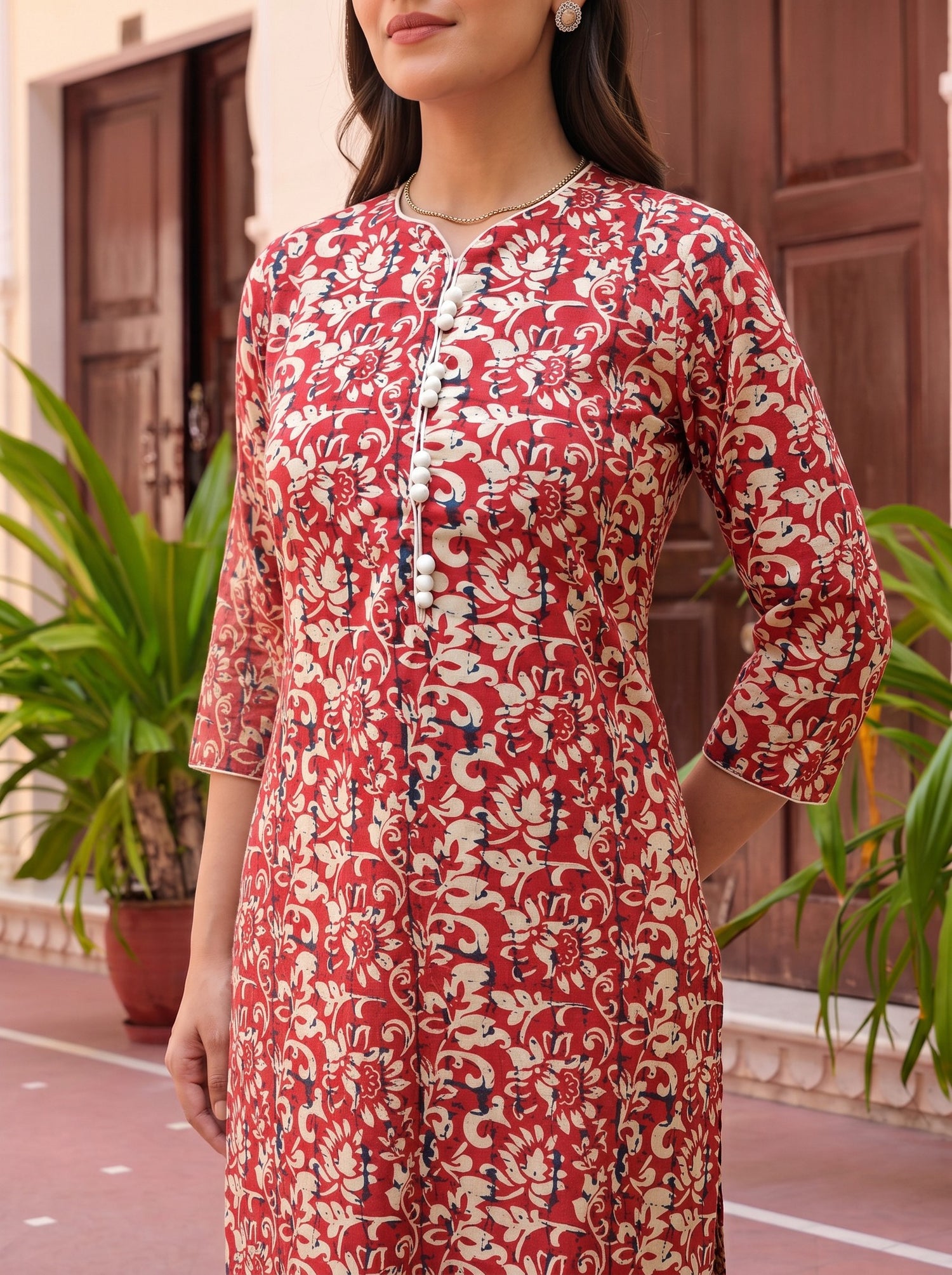 Buy Cotton Printed Straight Knee Length Kurta-Red