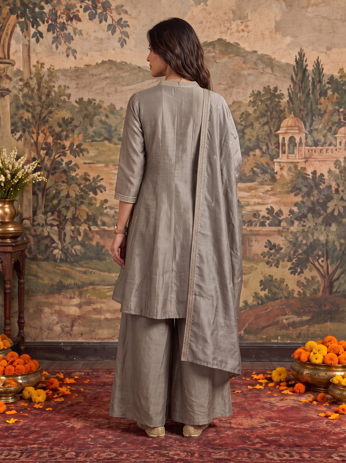 Buy Viscose Embroidered Straight Knee Length Kurta With Pant and Dupatta-Grey