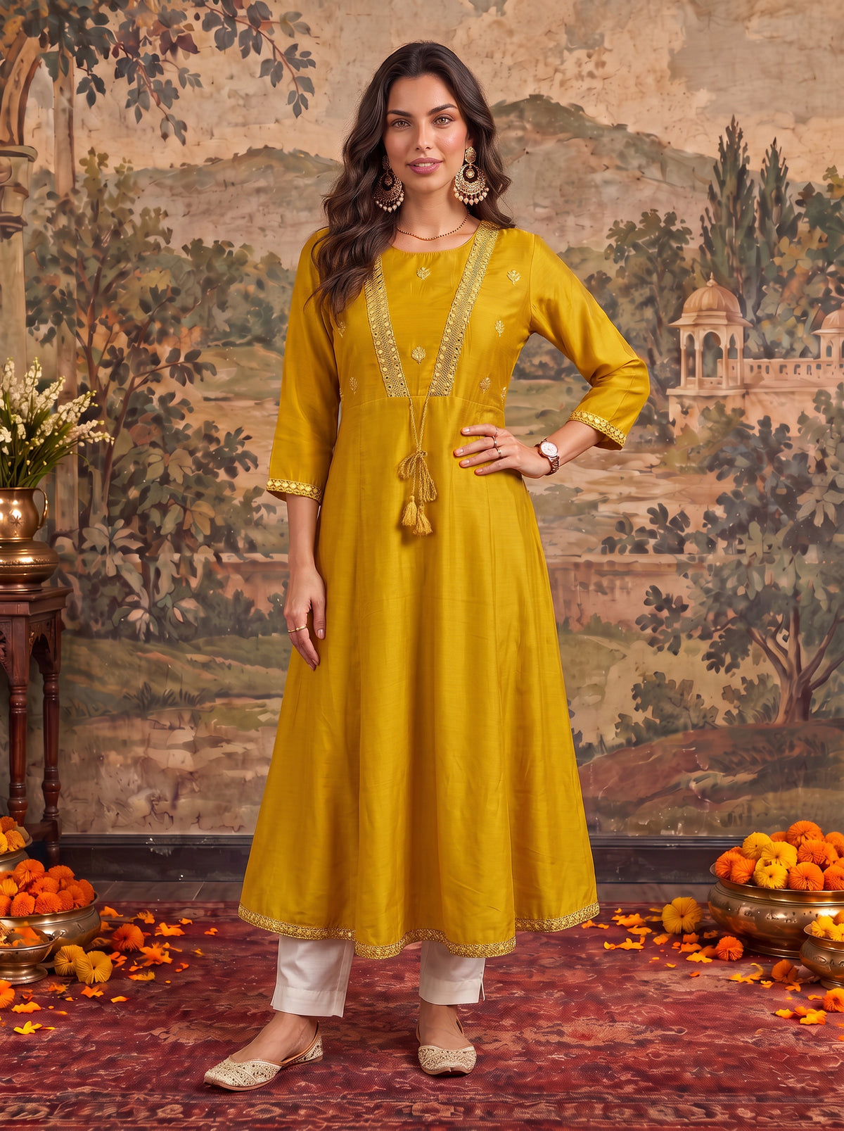 Viscose Embroidered A-Line Calf Length Kurta