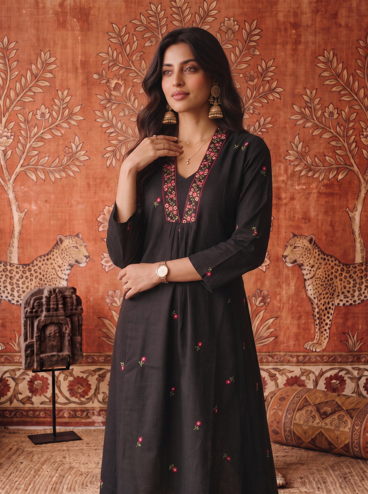 Buy Cotton Embroidered Flared Calf Length Kurta-Black