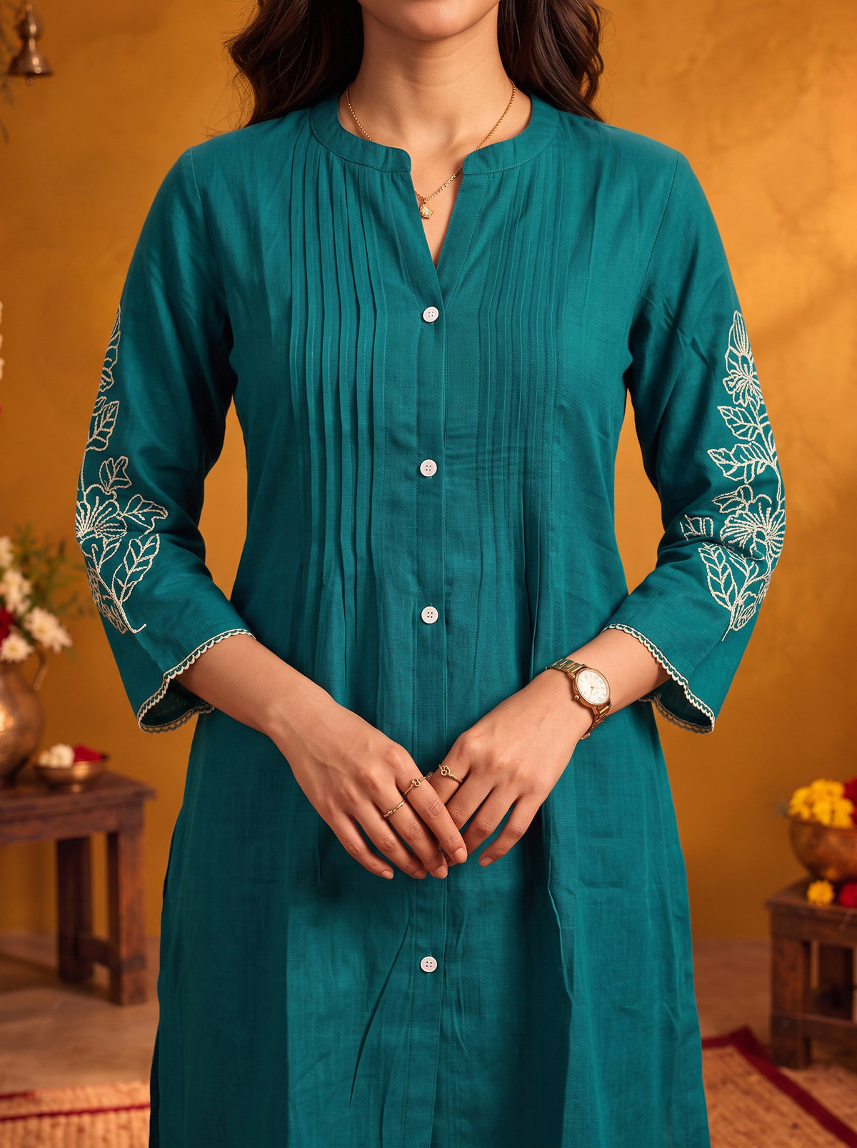 Buy Viscose Embroidered Straight Thigh Length Kurta With Pant-Green