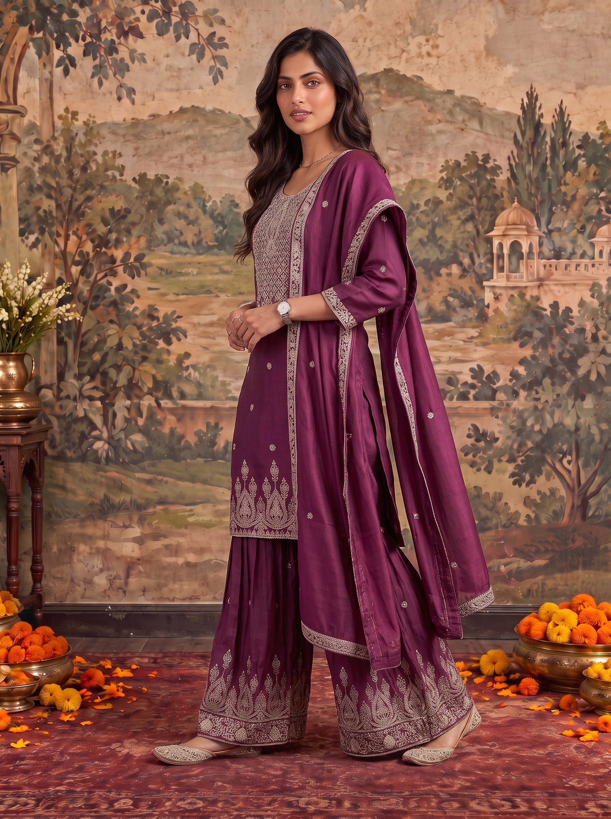 Viscose Embroidered Straight Knee Length Kurta With Pant and Dupatta