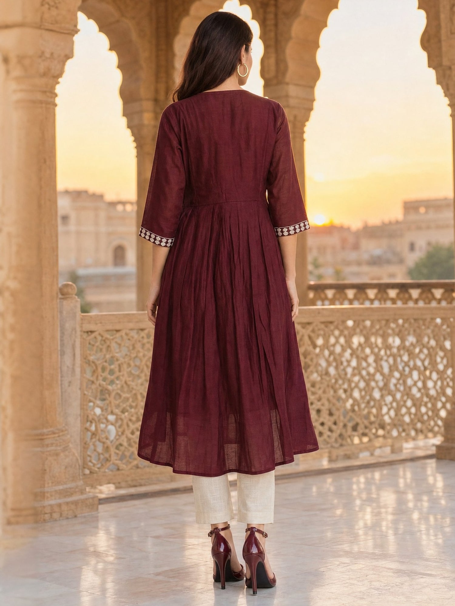 Buy Viscose Embroidered Flared Calf Length Kurta-Maroon