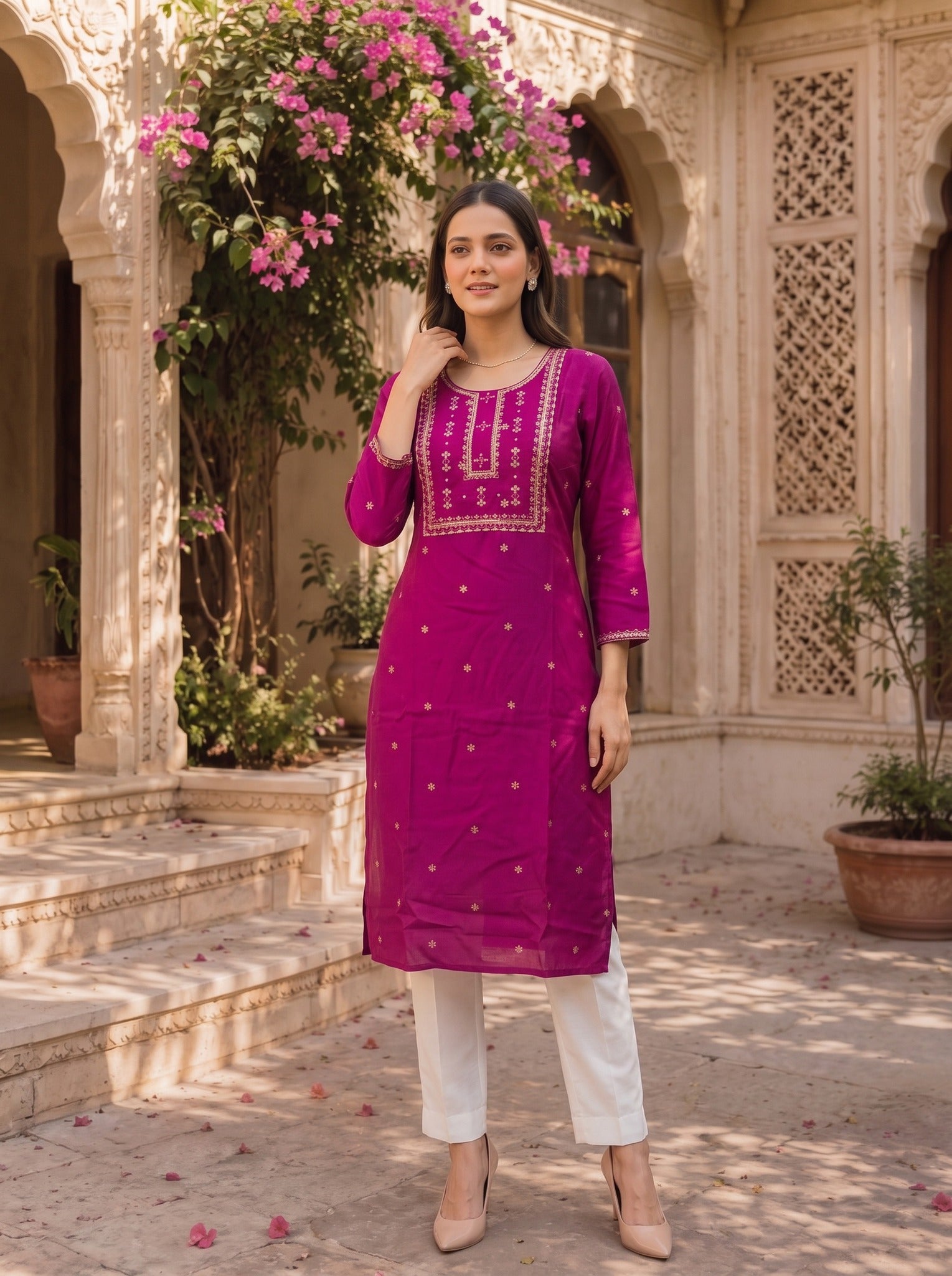 Rayon Embroidered Straight Calf Length Kurta