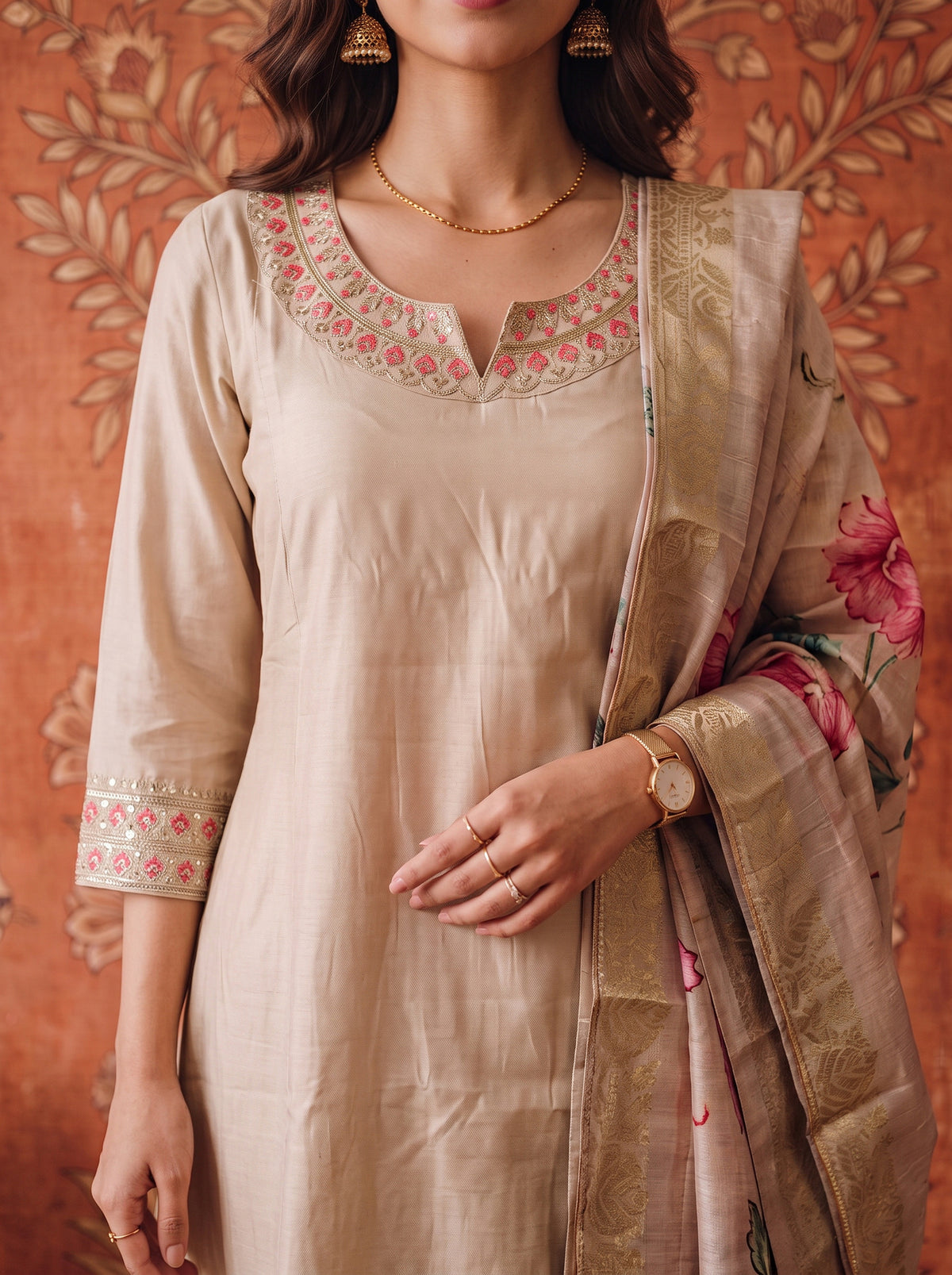 Buy Viscose Embroidered Flared Calf Length Kurta With Pant and Dupatta-Beige