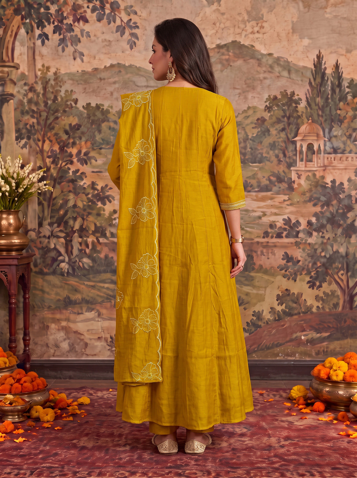 Viscose Embroidered Flared Calf Length Kurta With Pant and Dupatta