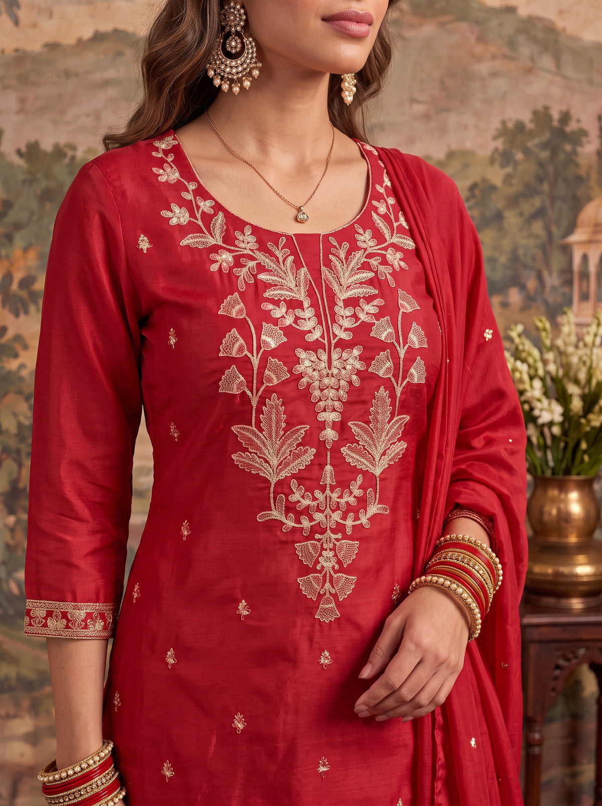 Viscose Embroidered Straight Thigh Length Kurta With Pant and Dupatta