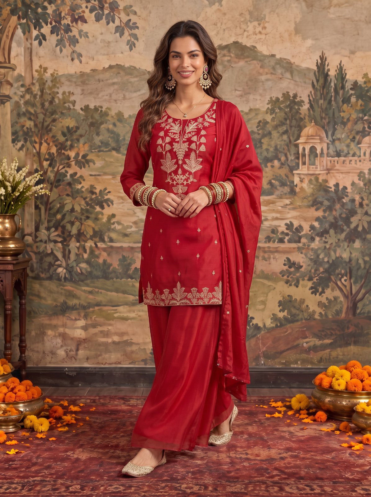 Viscose Embroidered Straight Thigh Length Kurta With Pant and Dupatta