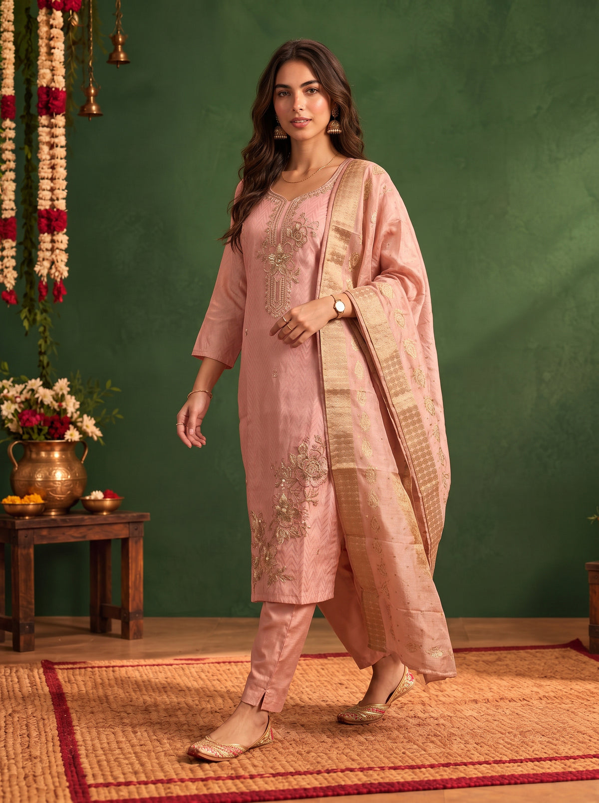 Buy Viscose Embroidered Straight Calf Length Kurta With Pant and Dupatta-Peach