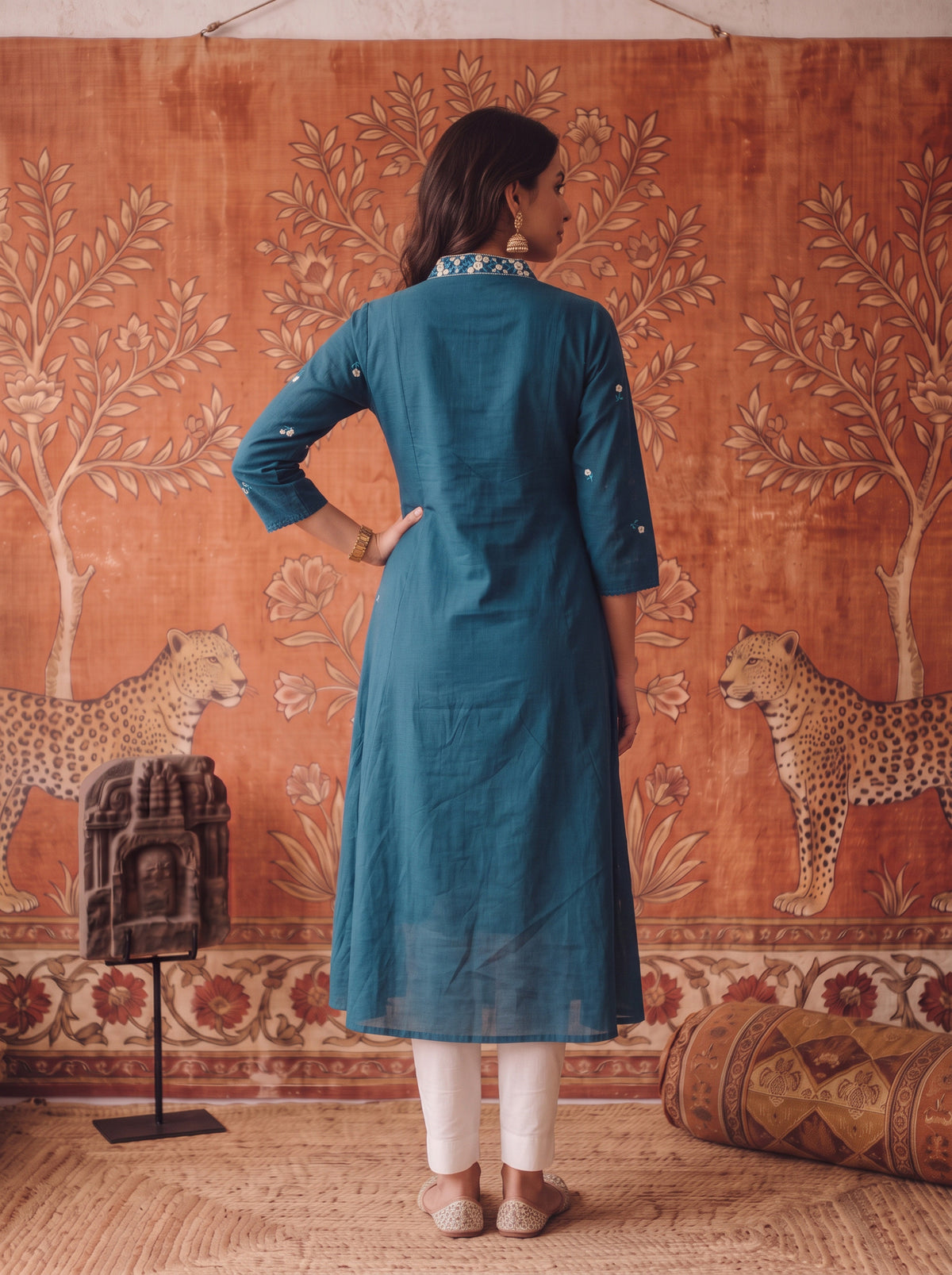 Buy Cotton Embroidered Flared Calf Length Kurta-Teal