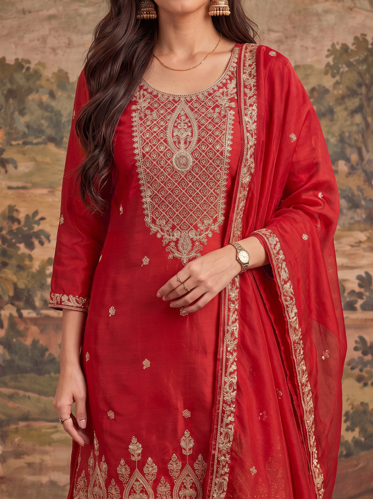 Buy Viscose Embroidered Straight Thigh Length Kurta With Palazzo and Dupatta-Fuchsia