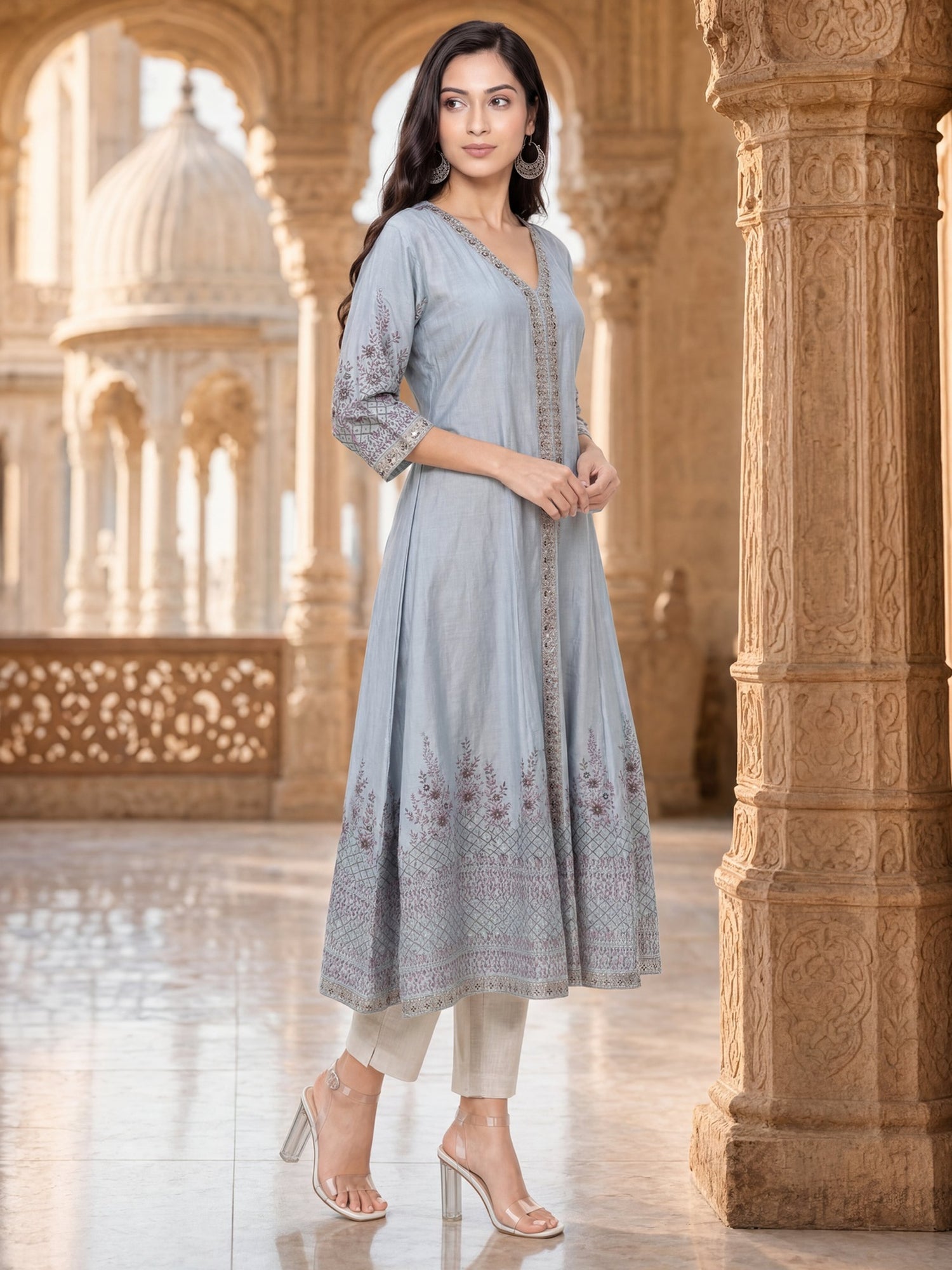 Viscose Embroidered Flared Calf Length Kurta