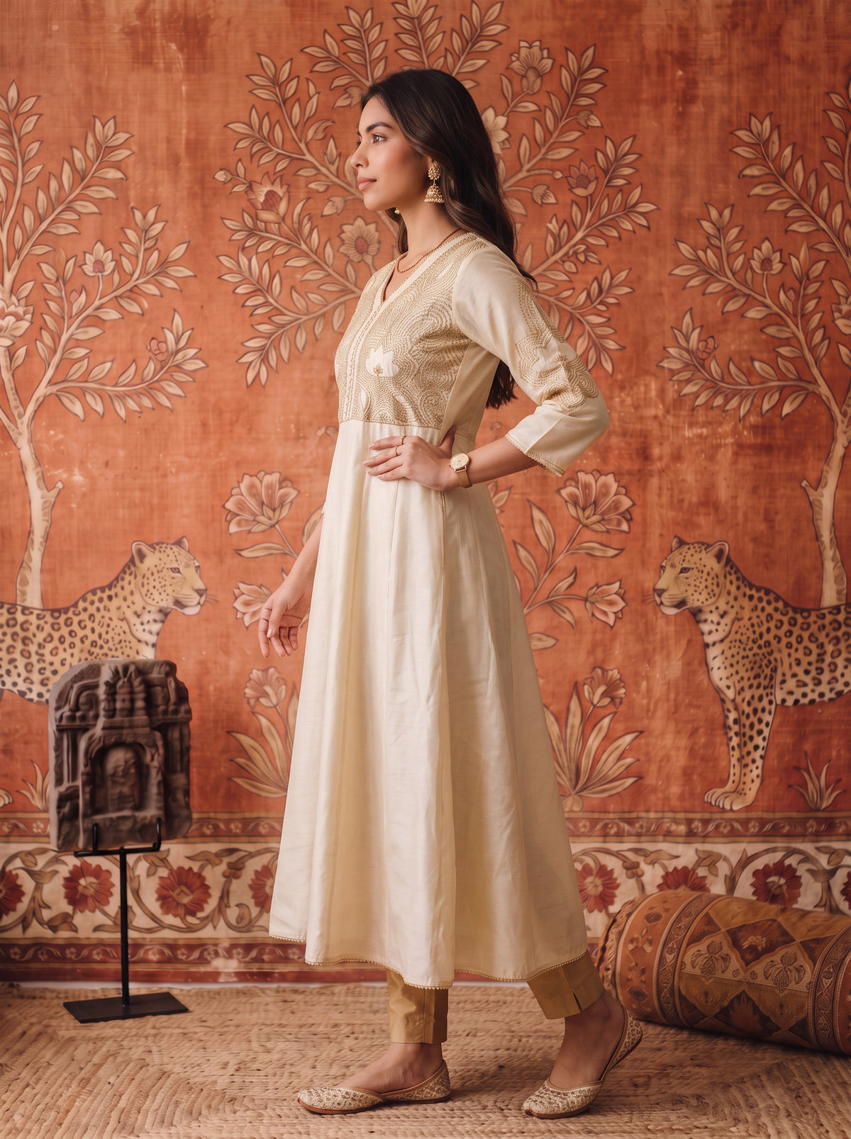 Buy Viscose Embroidered Flared Calf Length Kurta-Off White
